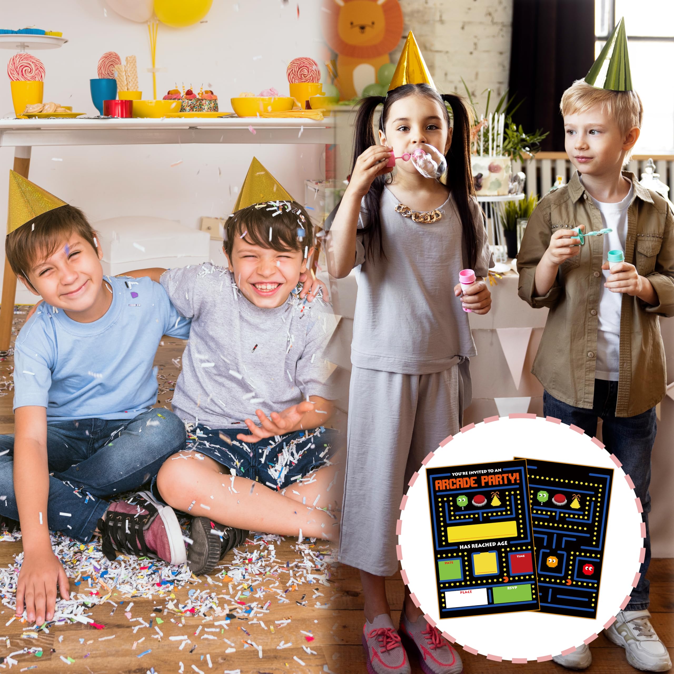 Invitaciones de cumpleaños de fiesta de arcade, invitación de videojuegos, invitaciones de fiesta de cumpleaños estilo relleno con sobres para niños y niñas (paquete de 20), decoraciones y