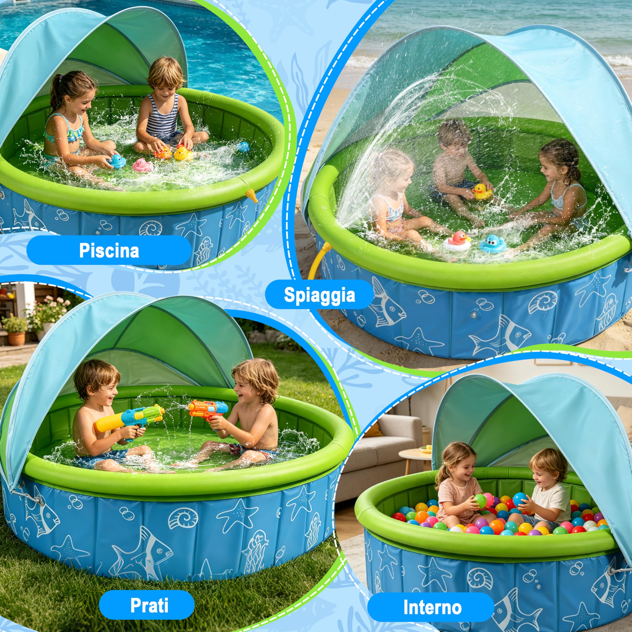 JONRRYIN Piscina per Bambini con Tetto, 120x30 cm Tenda da Spiaggia Piscinetta con Funzione di Sprinkler, Piscinetta Pieghevole per Cani e Bambini per Giardino, Spiaggia, Picnic