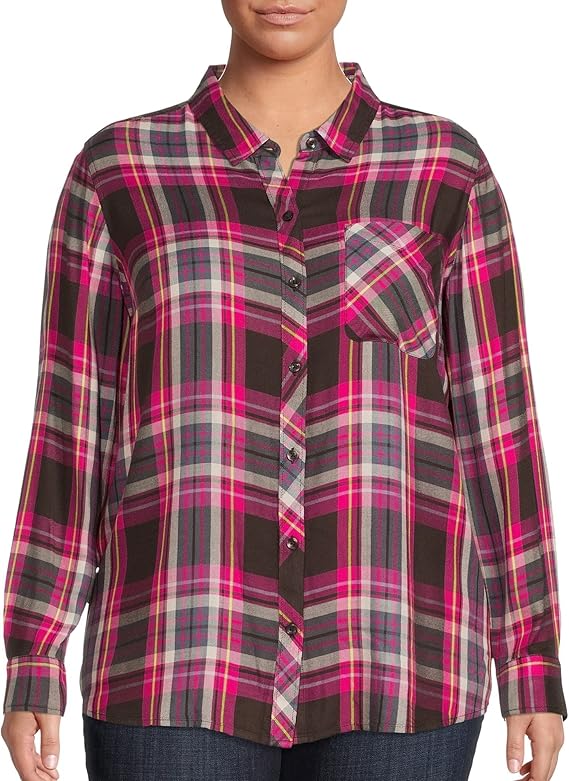 Long Sleeve Plus Size Woven Shirt (Pink Plaid, 0X) at Amazon