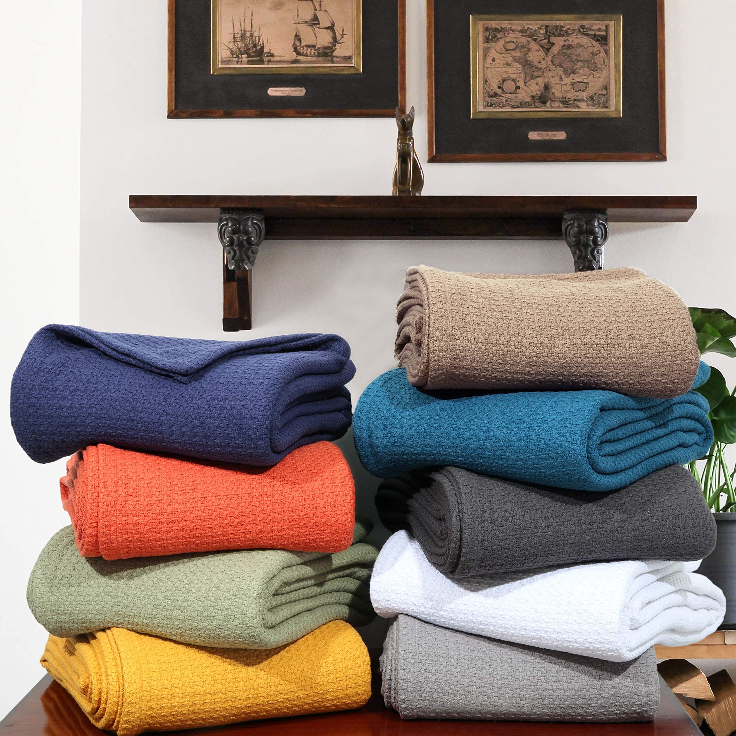 Urban Style Decor Ringspun Woven Cotton Blanket Cozy Breathable Thermal Cotton Throw Blanket Bed Spread Quilt for Bed & Couch/Sofa (Queen 90 x 90 Inches, Yellow)