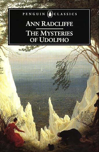 The book cover for The Mysteries of Udolpho by Ann Radcliffe. A view of the countryside with sharp, jagged white cliffs. A woman in a red dress crouches to help an old man who has fallen. Beside him is a cane and top hat. A black block outlined in white contains the title and author name.