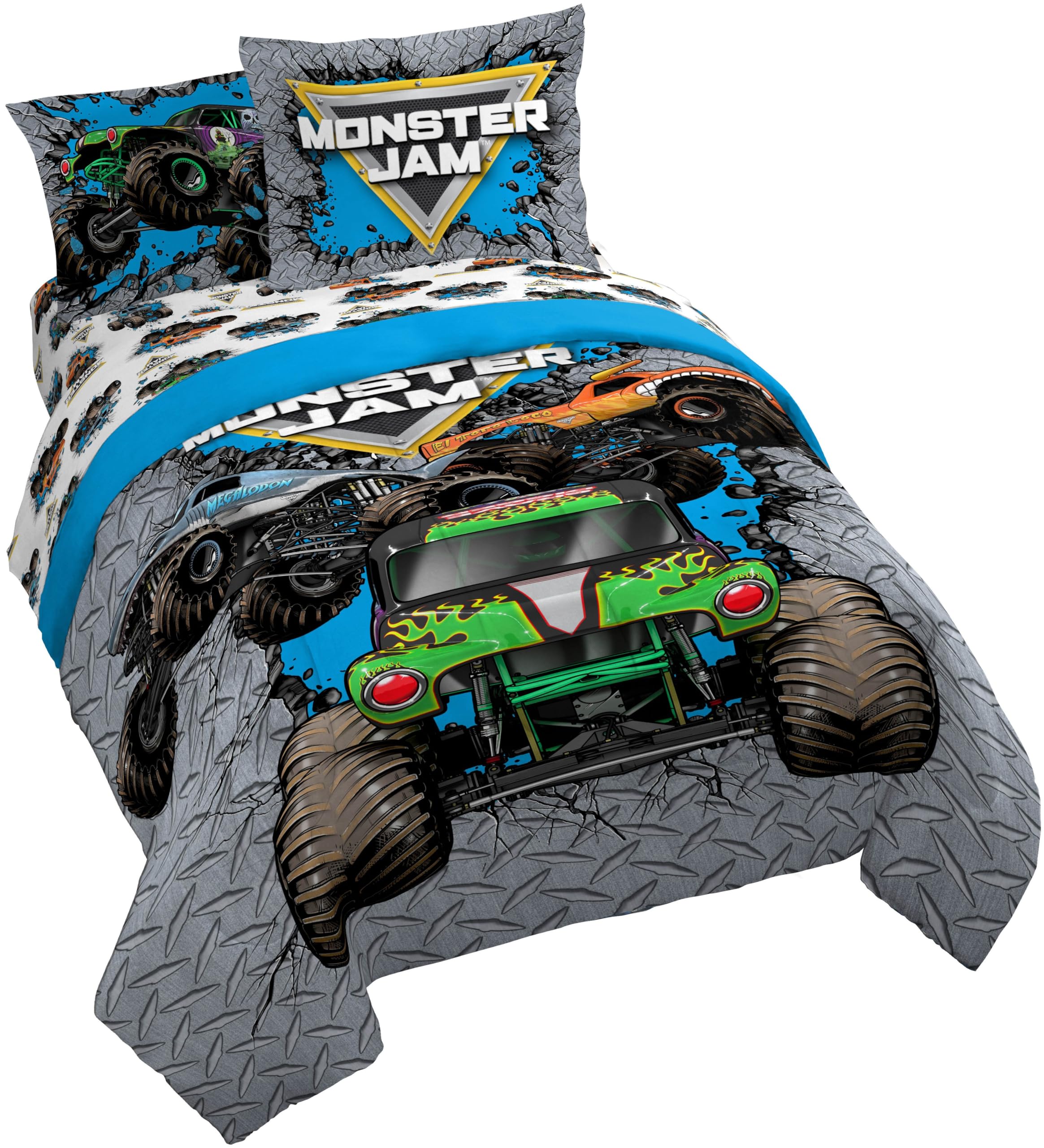 Monster Jam Queen Comforter Set 7 Piece Kids Bedding for Boys, Gray