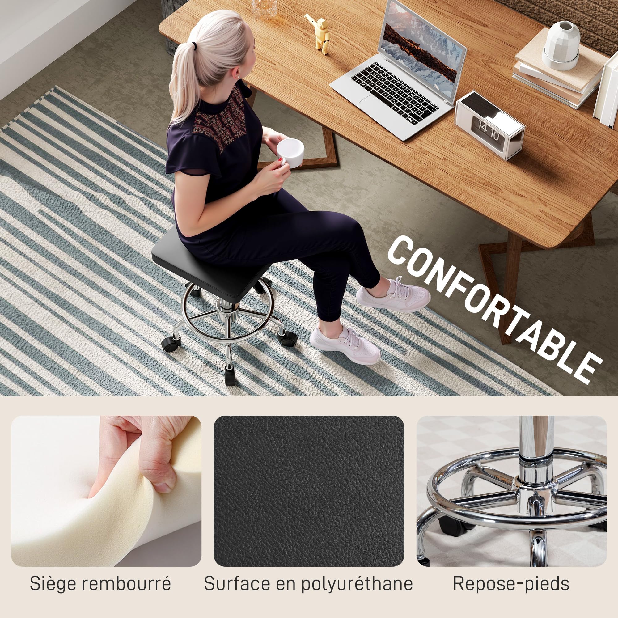 HOMCOM Tabouret à roulettes carré Hauteur Réglable 50-66 cm Noir | Chaise de travail avec Repose-Pieds, Pivotant 360°, Pour Salon de Massage, Tatouage, Clinique, Spa