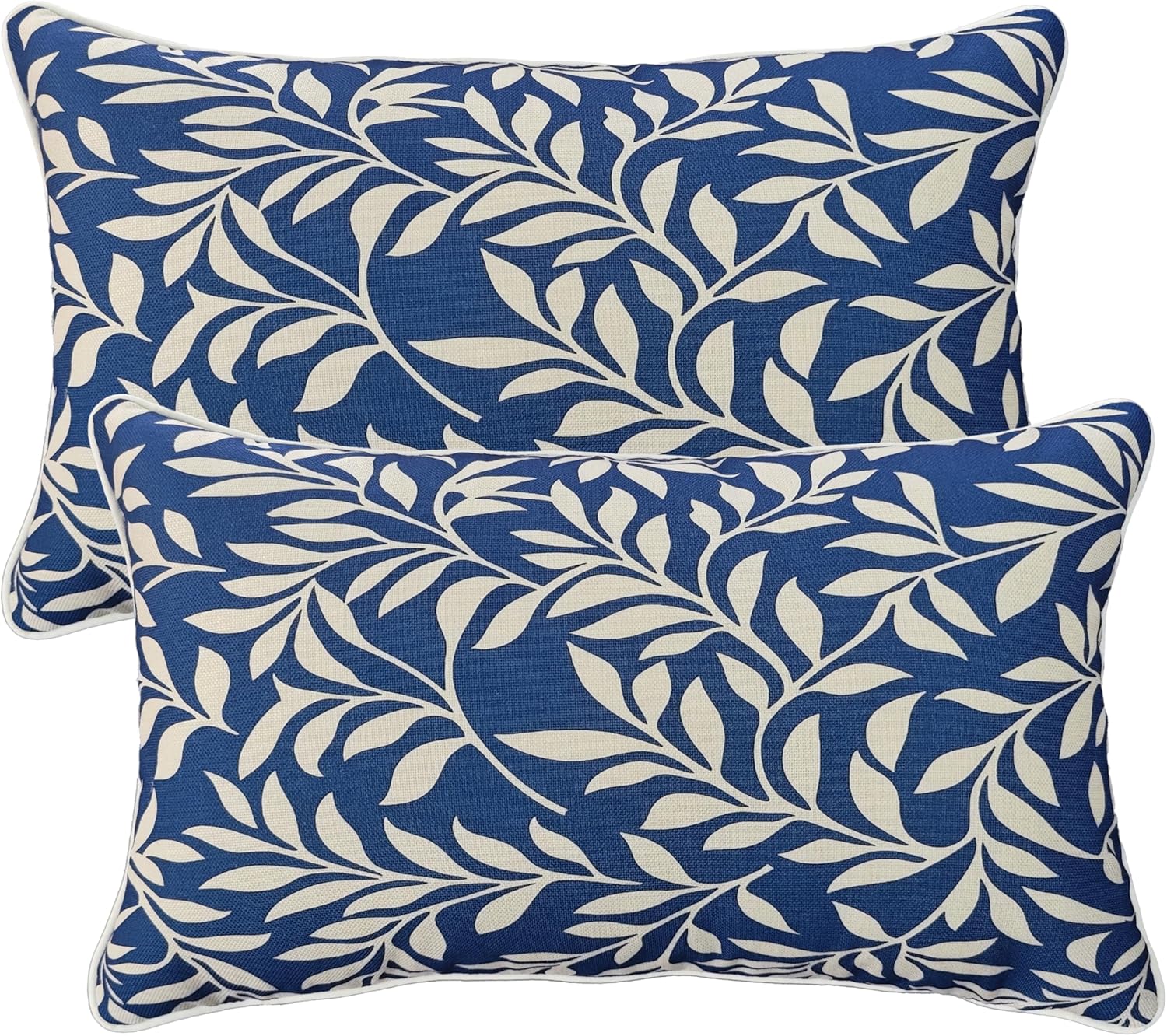JMGBird Outdoor Lumbar Pillow Covers with Inserts Set of 2, 12x20 Inch Water Repellent Decorative Throw Pillows Blue with White Leaf Pattern for Patio Furniture, Couch, Garden, Outdoor Decor