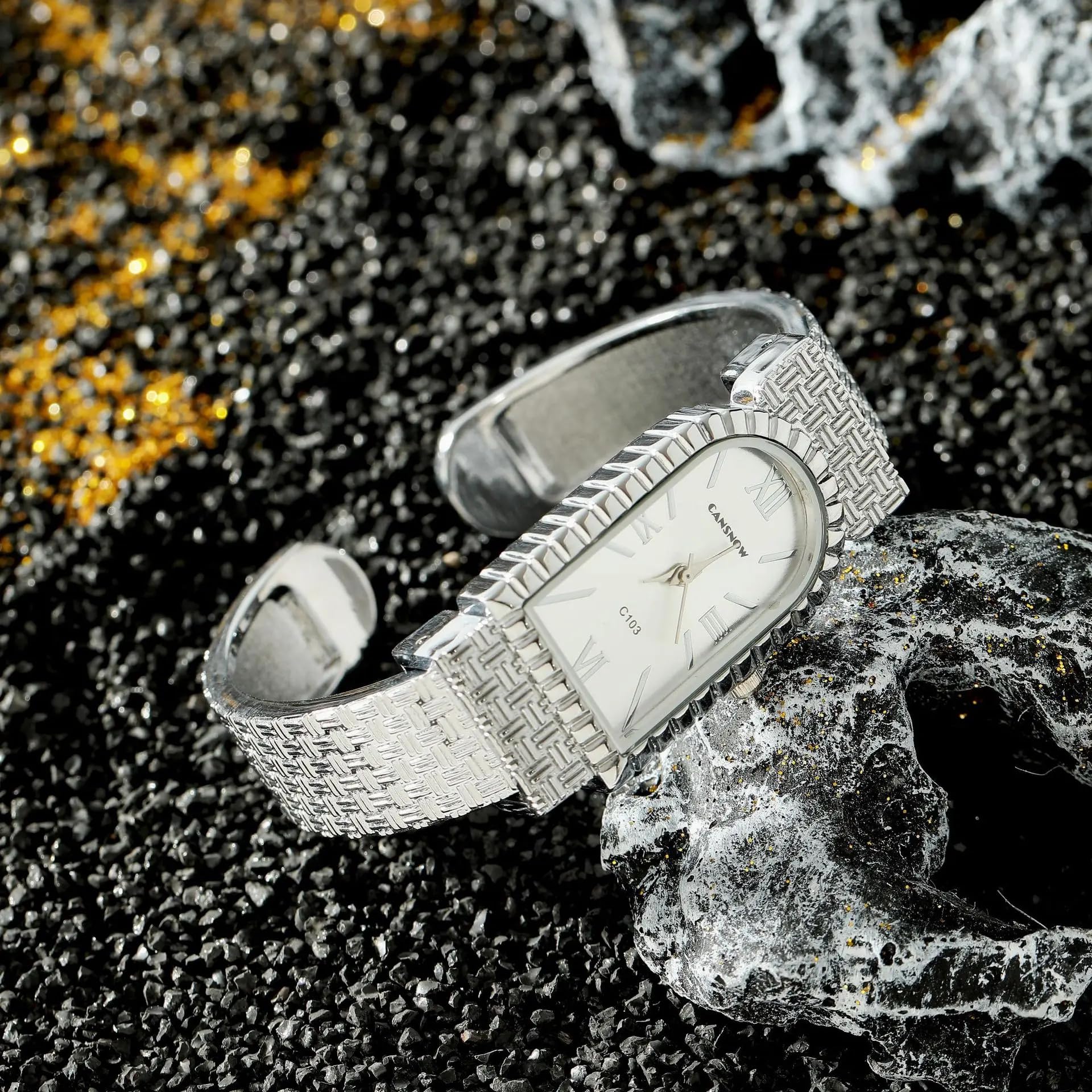 Römische Anmut Spangenuhr Damen Uhren Damen Spangenuhren Armreif Armbanduhr Armspange Damenuhr mit Strukturiertem Metall-Armband