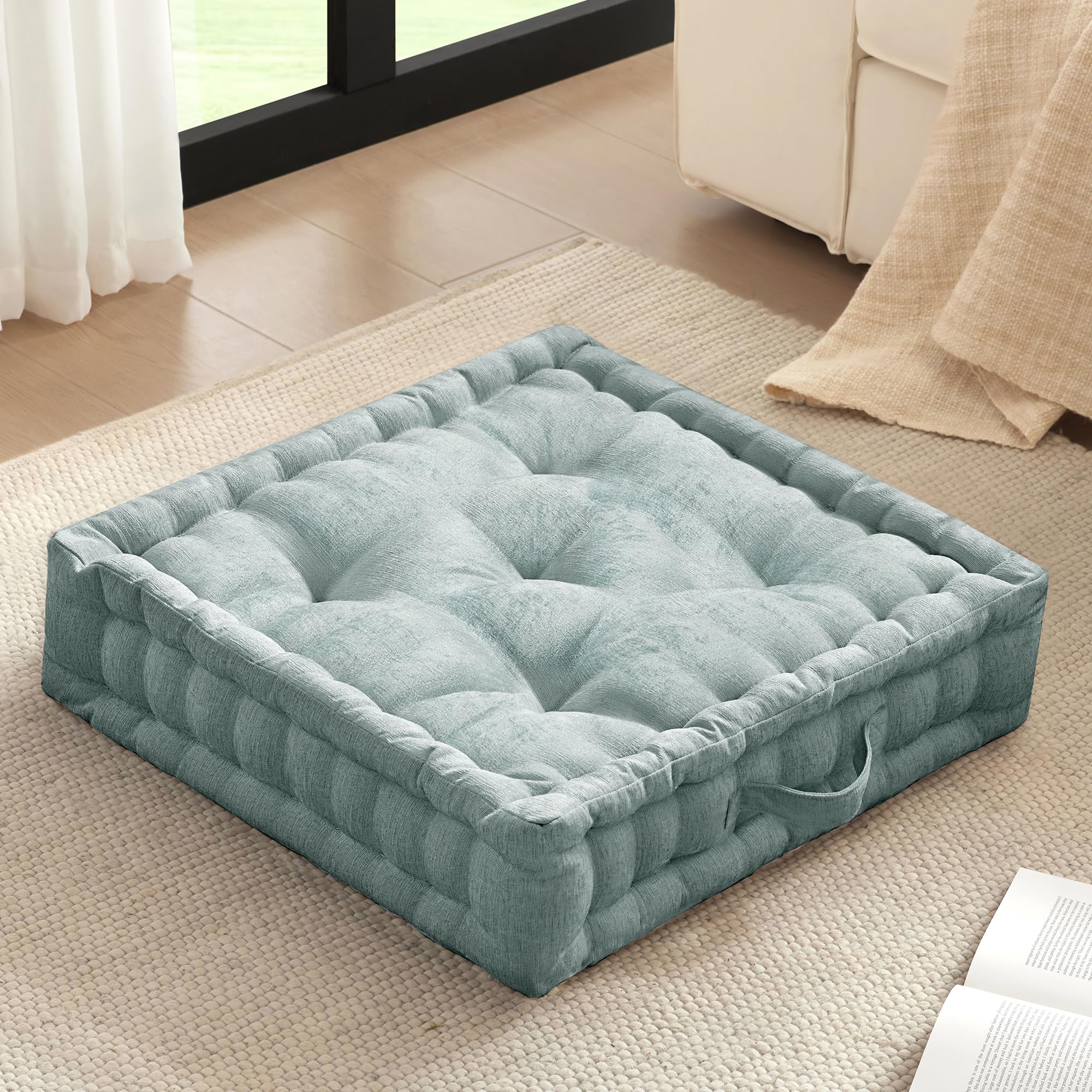 Intelligent Design Intelligent Design Floor Pillow, Large Cushion for Meditation, 24x24 Aqua | Floor Seating for Adults, Board Games or Yoga, Lustrous Chenille Tufted Cover, Handsewn Scalloped Edge with Handle, Square Aqua With Handle, 24"W x 24"L x 5"H