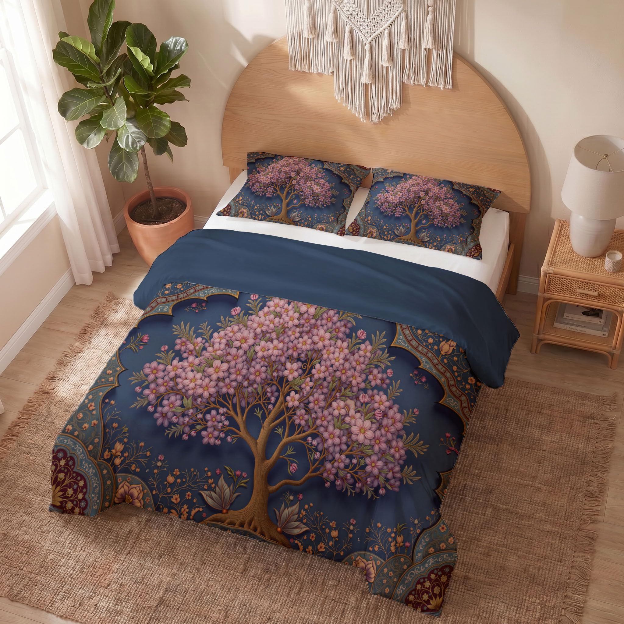 Parure de lit 200x200 arbre de vie avec sa housse de couette bleu marine 2 personnes