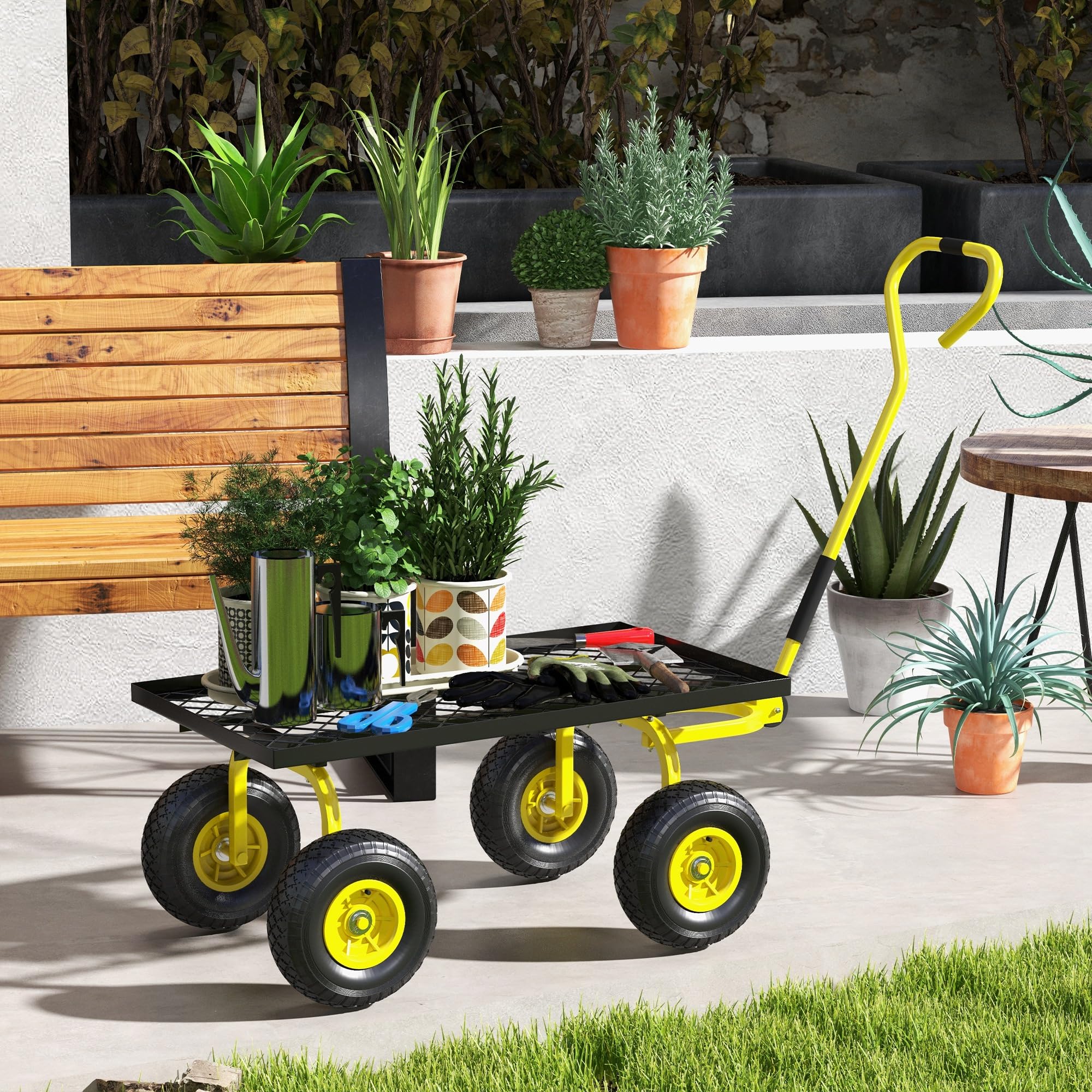 Outsunny Transportwagen für Garten, Handwagen, 4 Räder, 94 x 48,5 x 100 cm, max. Belastung 150 kg, Metall, Gelb