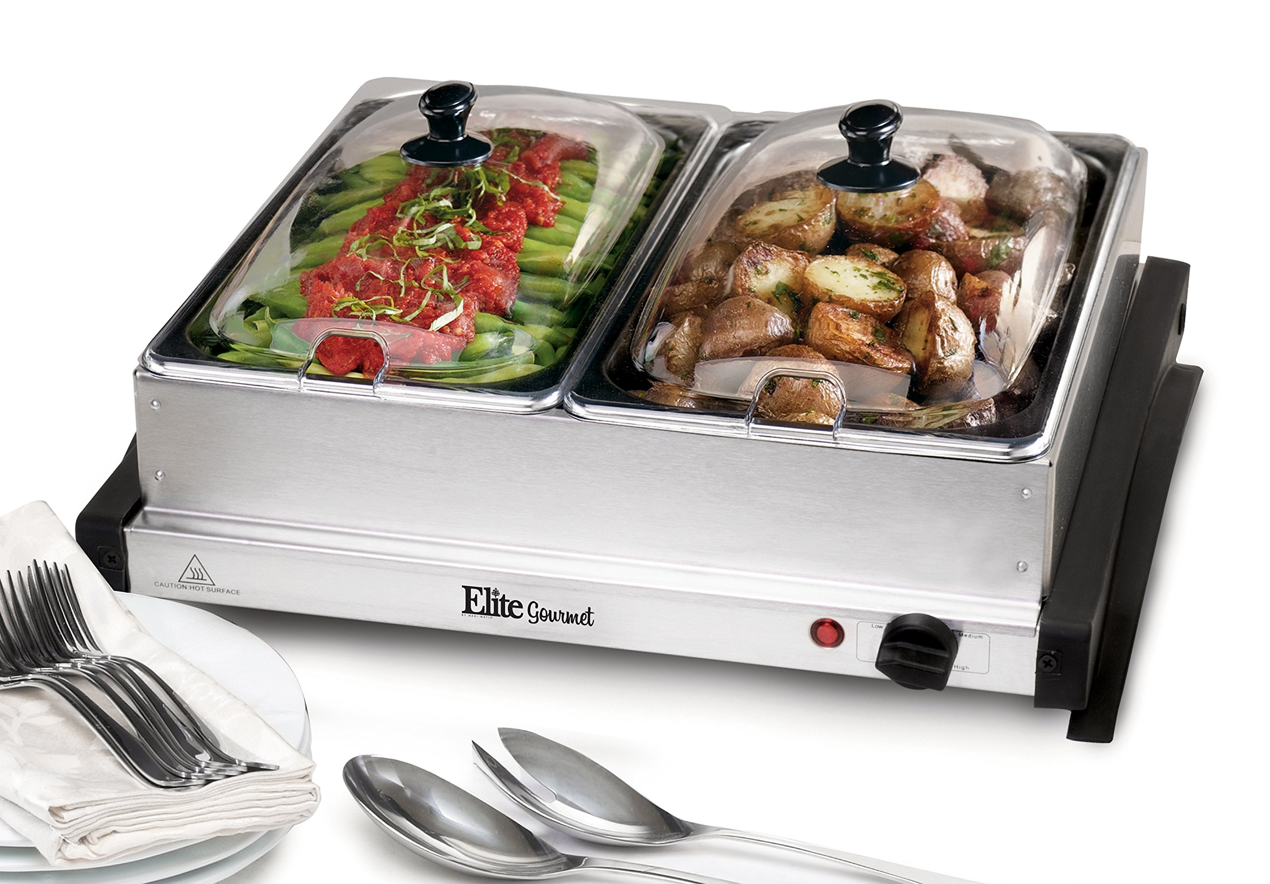 Elite Gourmet EWM-6122FFP Dual Buffet Server Food Warmer, Adjustable Temp, For Parties & Holidays, 2 x 2.5Qt Buffet Trays with Slotted LidsStainless Steel