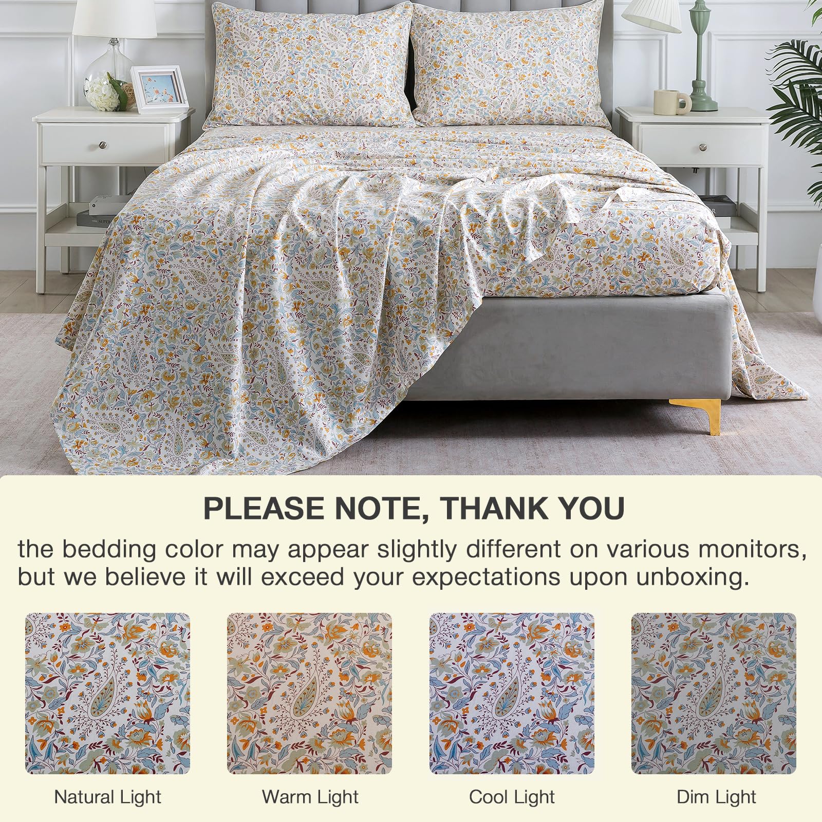 Lenzuola in percalle con motivo cachemire vintage, per letto California King, beige chiaro, shabby chic, floreale, 100% cotone, con tasca profonda, set di biancheria da letto di lusso, motivo