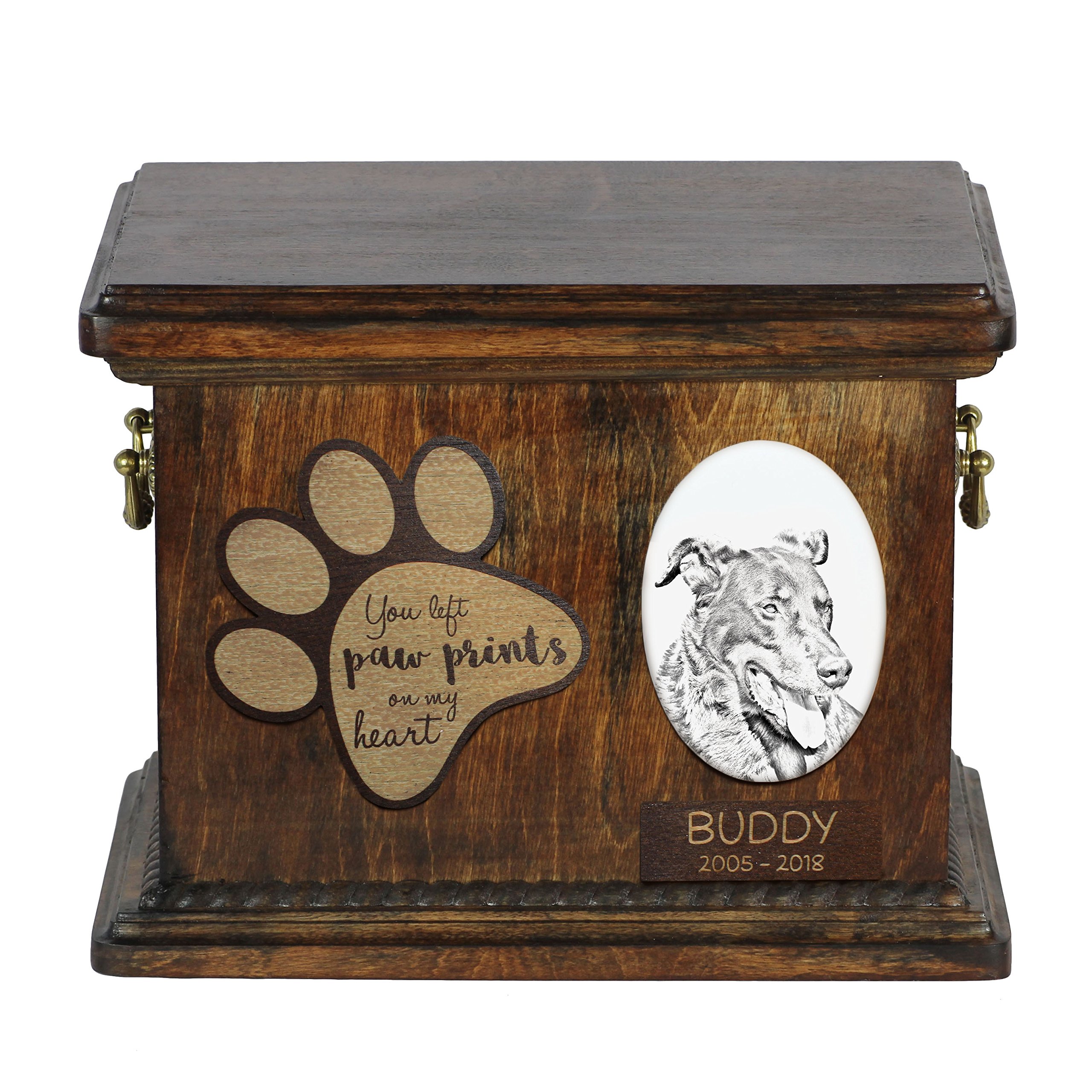 Art-Dog Custom Dog Memorial Urn - Handmade Cold Cast Bronze Portrait on Birch Base with Personalized Ceramic Plate - Elegant Dog Cremation Box – 8,3x11,4x8,7” – Beauceron — image 1