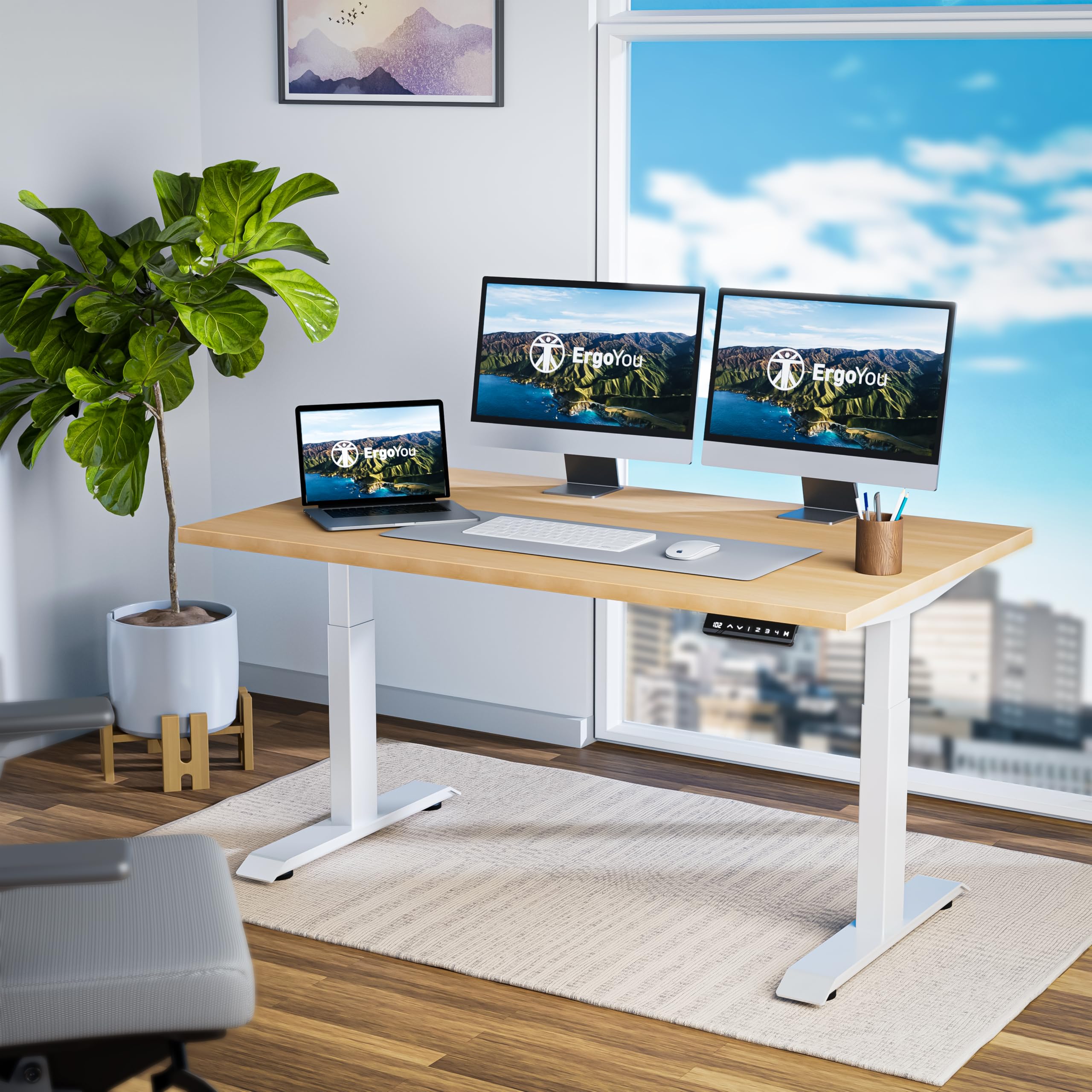 Electric Height Adjustable Laminated Standing Table - Heavy Duty - Dual Motor 2 Stage - 150 Kgs Max Weight Capacity - E2 Series - Ergonomic Sit Stand Desk (Maple: 47 X 23.5 Inches)