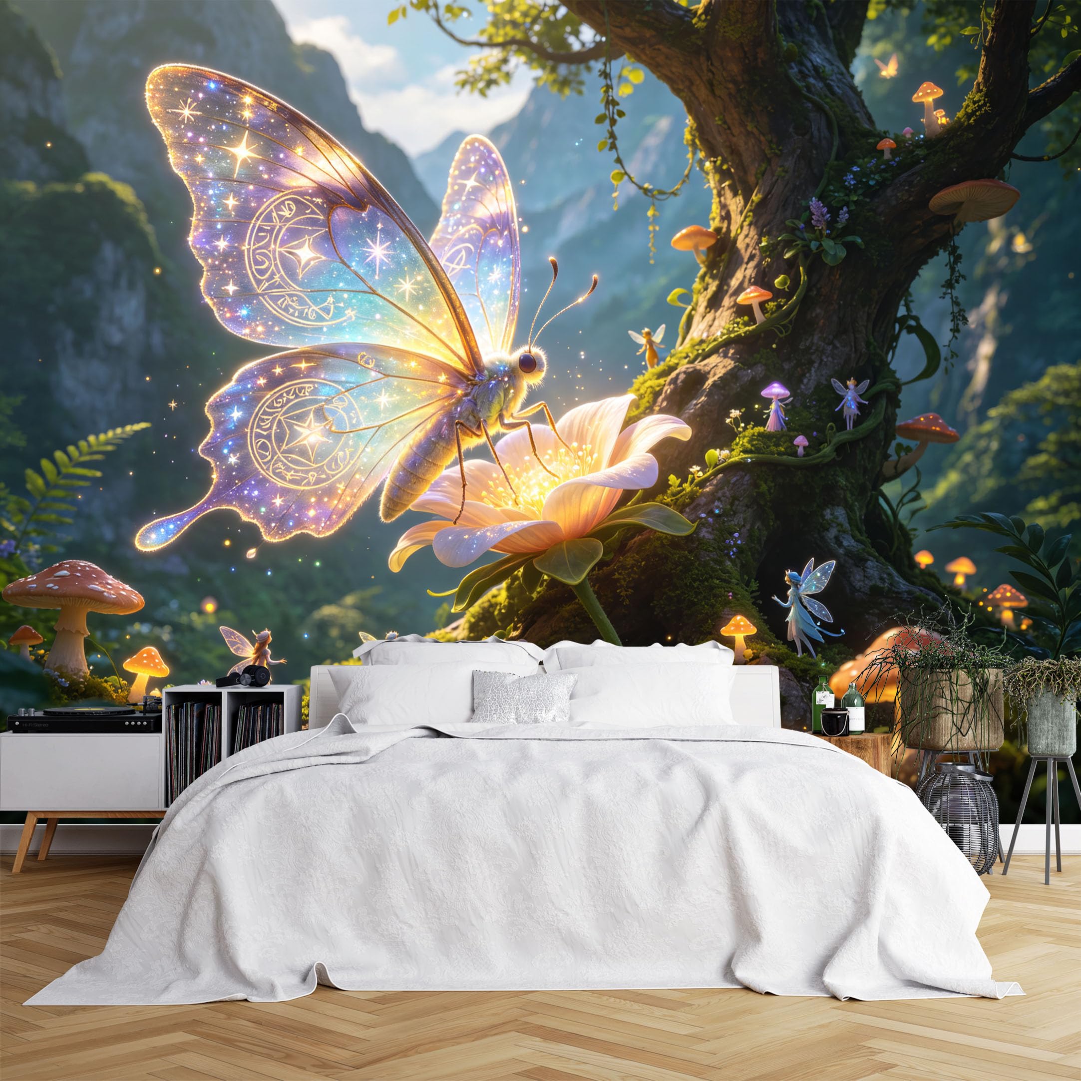 Lcythiazole Ch260615203 Custom Size Wall Murals Magical Glowing Butterfly Fairies Mushroom Forest Hd Self-Adhesive Wall Fabric (No Pvc) Removable Wallpaper For Kids Bedroom