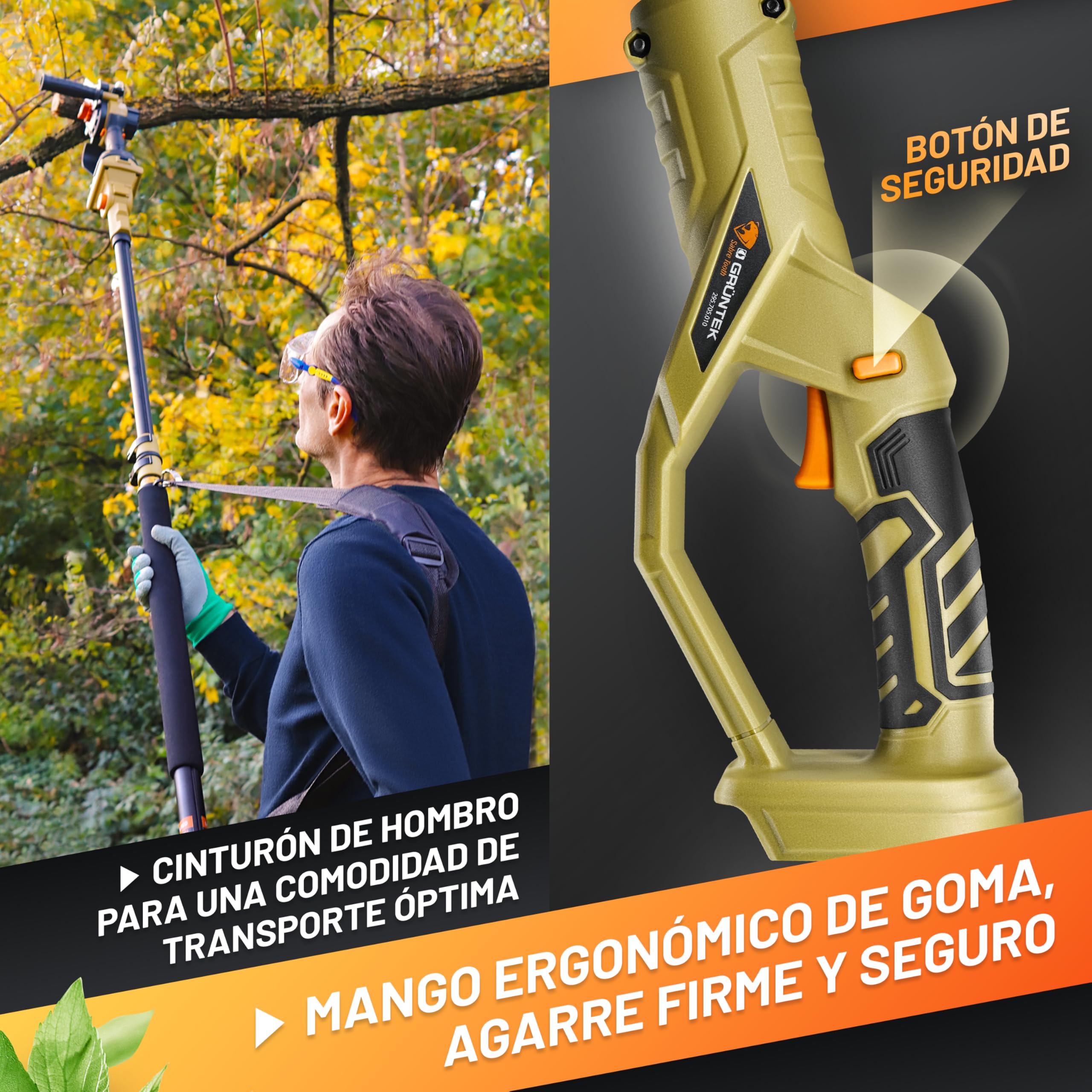 GRÜNTEK Pértiga Telescópica – Mini Motosierra Batería Telescópica y Asta Tijera de Podar Eléctrica (solo GRÜNTEK) – Pertiga Motosierra Eléctrica 135-250 cm para Corte y Poda de Ramas en Altura