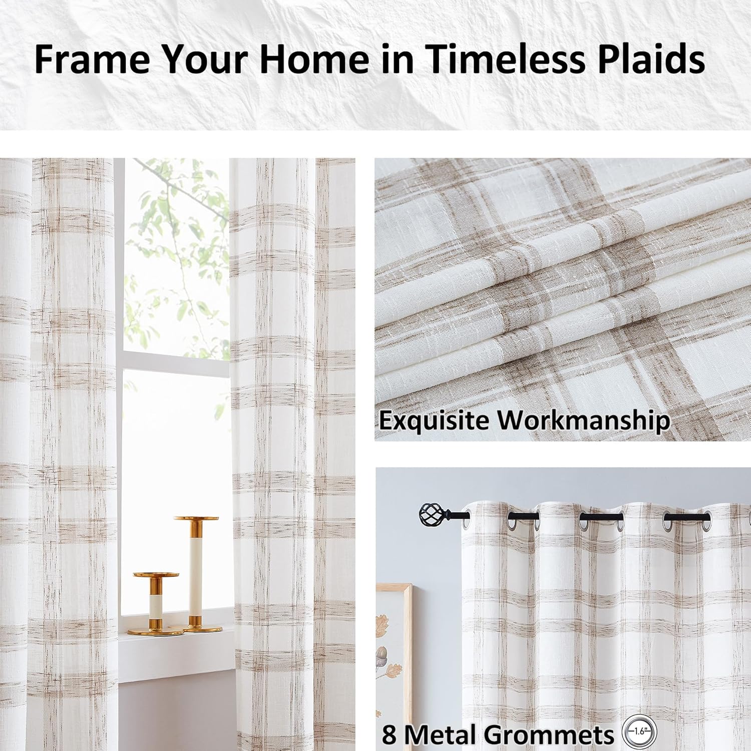 Randall Modern Geometric Curtain Panels Pair Soft Touch Light Filtering Brown semi-Sheer Linen-Look Drapes with Nickel Grommet Top,Rustic Farmhouse Style Drapes for Living Room,63 inch,2 Panels