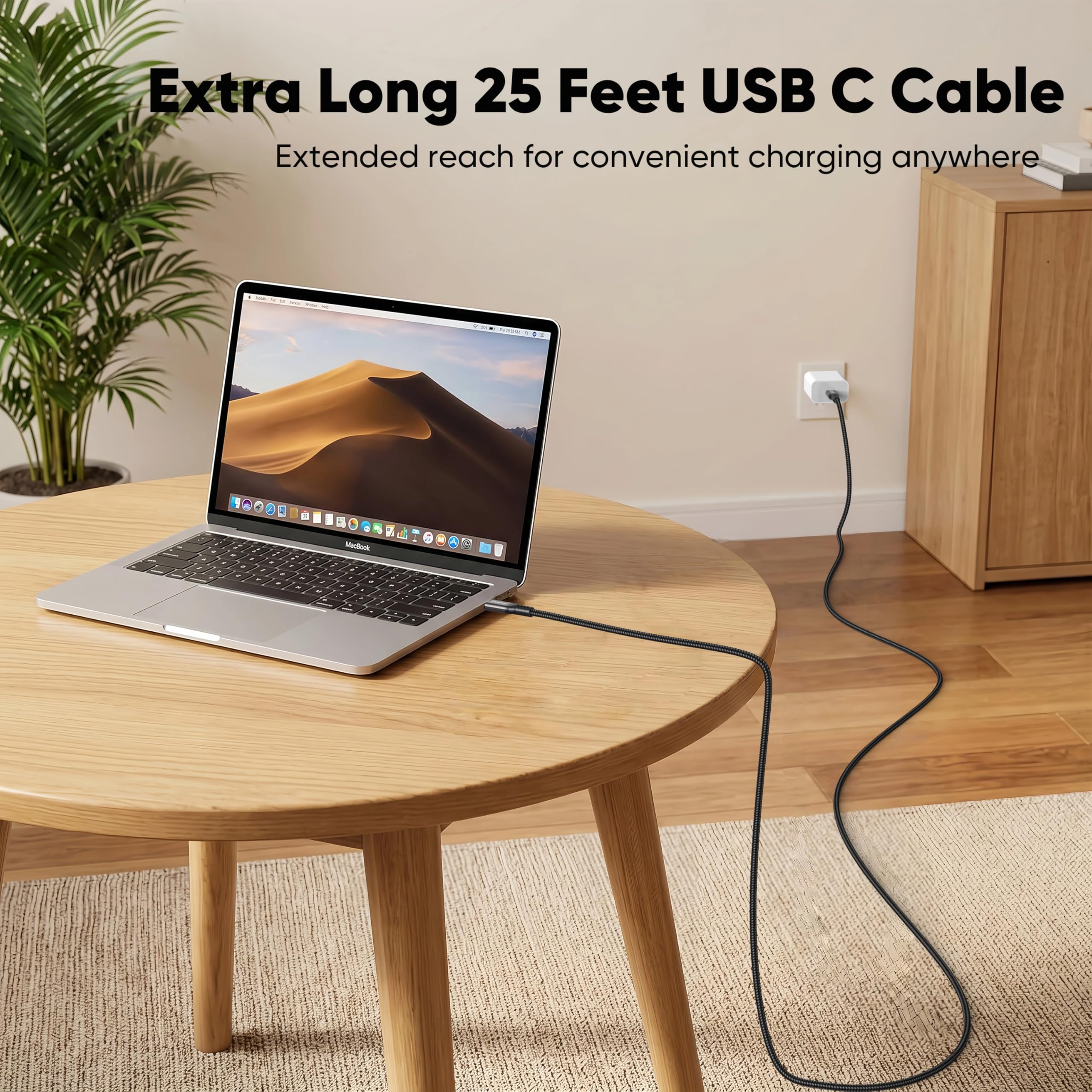 Cavo per monitor USB C extra lungo, 7,6 m, display video 4K a 60 Hz, cavo USBC 3.2 gen 2, ricarica rapida 100 W/trasferimento dati da 20 Gbps da USB-C a tipo C per monitor MacBook Dock Hub SSD esterno