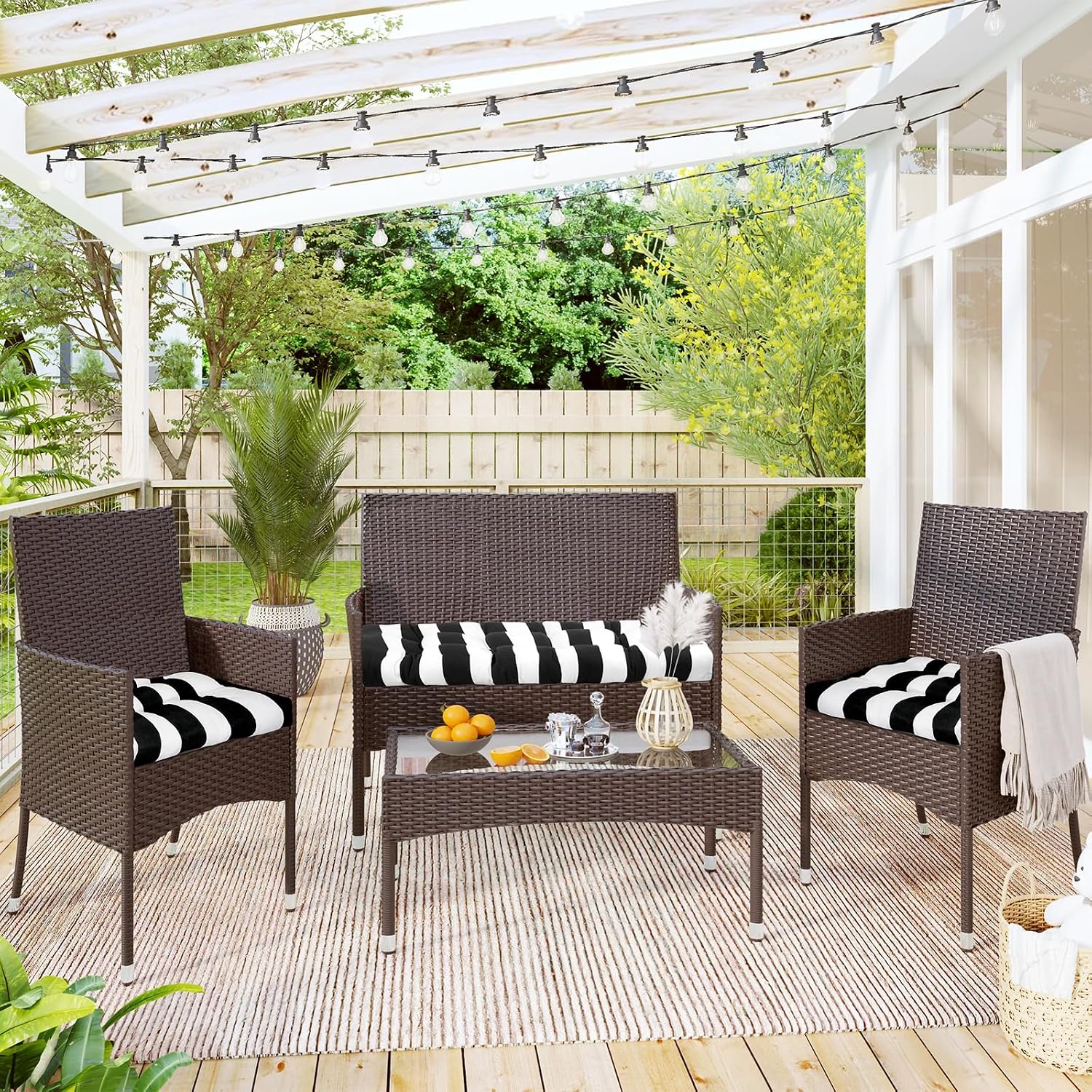 3 Piece Tufted Wicker Cushions for Patio Furniture, Outdoor Wicker Chair Cushions with Ties, Water-RepellentWicker Furniture Cushions, 1 Loveseat and 2 U-Shaped Cushion Set （Black Stripes）