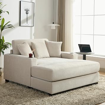 Oversized Chenille Fabric Chaise Longue Indoor, Modern Comfy Thicked Upholstered Sofa Couch with Pillows, Charge Station & Cup Holders, Comfy Reclining Sleeper Chair (Cream-1)