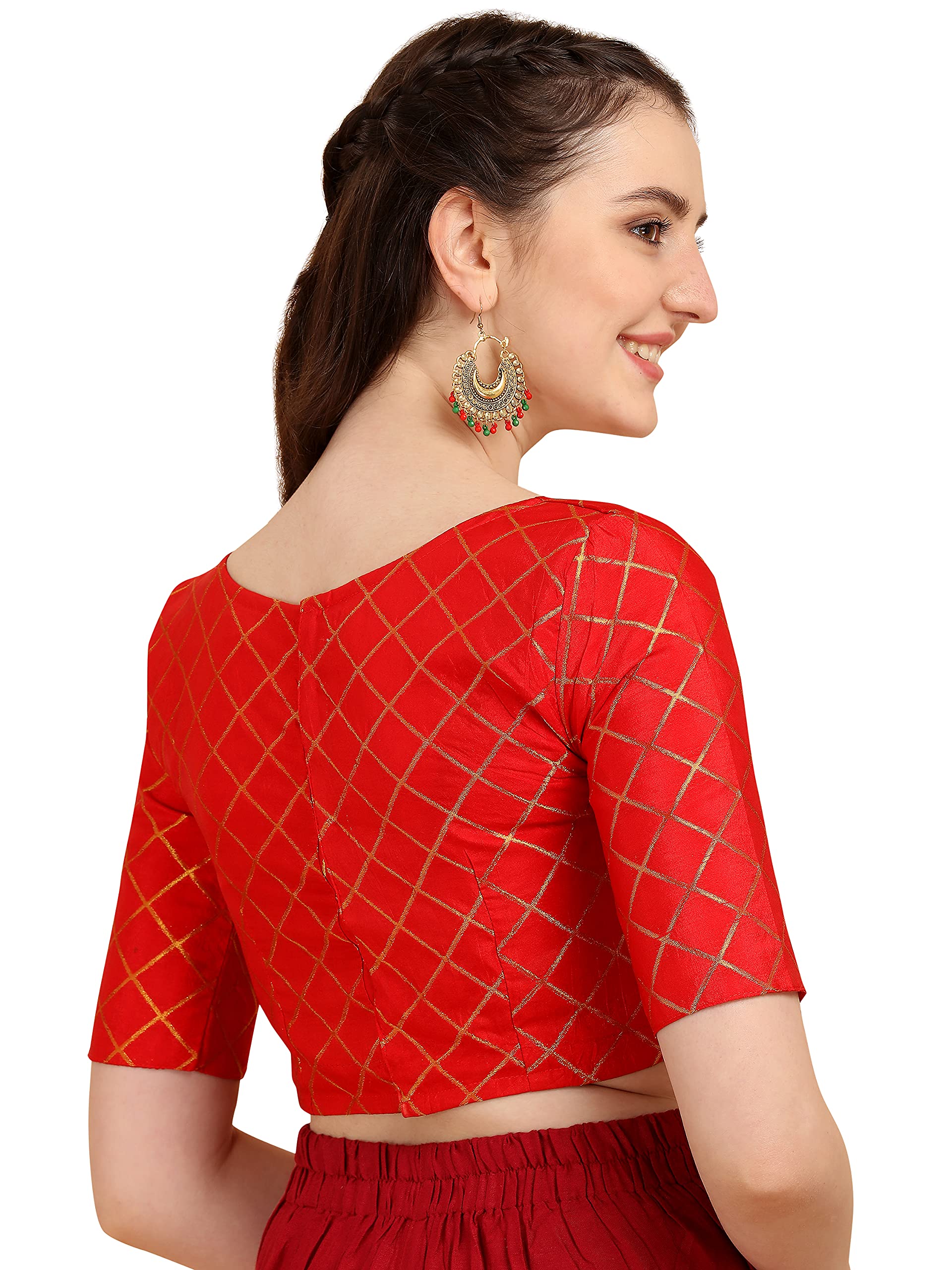 Oomph Women's Art Silk Checkered Half Sleeve Blouse (Rbbl70L_Scarlet Red_L)