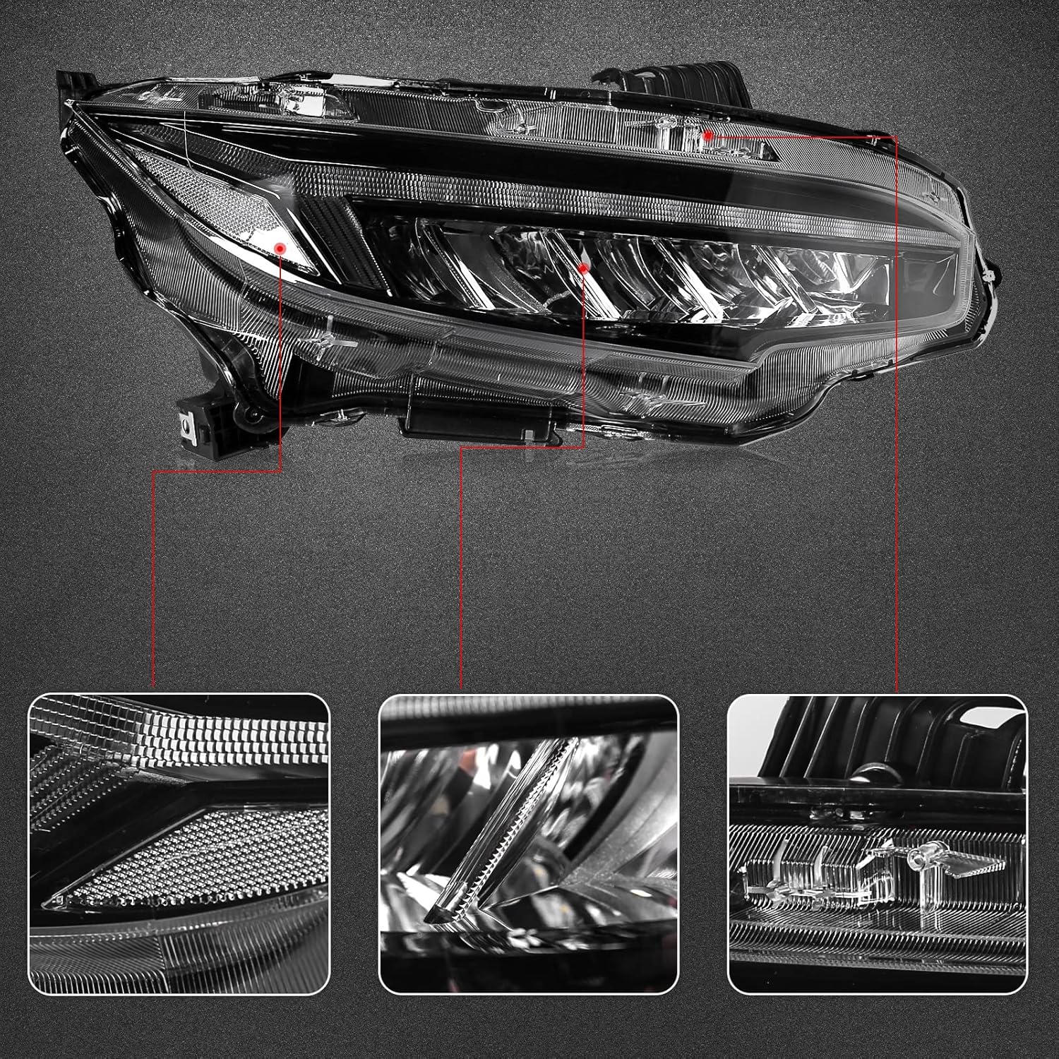 Huray LED Headlights for Honda Civic 10th Gen 2016-2022, Headlamp Assemblies with Sequential Turn Signal for Civic Sedan/Coupe/Hatchback, Head Lamps for EX/LX/Sport/Touring/Si/Type R - 1 Pair