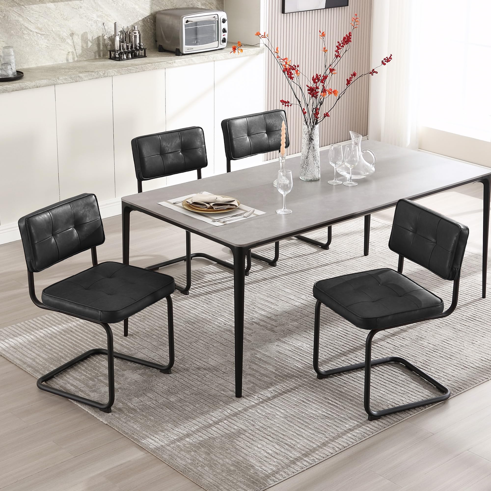 Zesthouse Industrial Metal Dining Chairs Set of 4, Upholstered Faux Leather Kitchen Chairs with Black Metal Base, for Kitchen & Dining Room Living