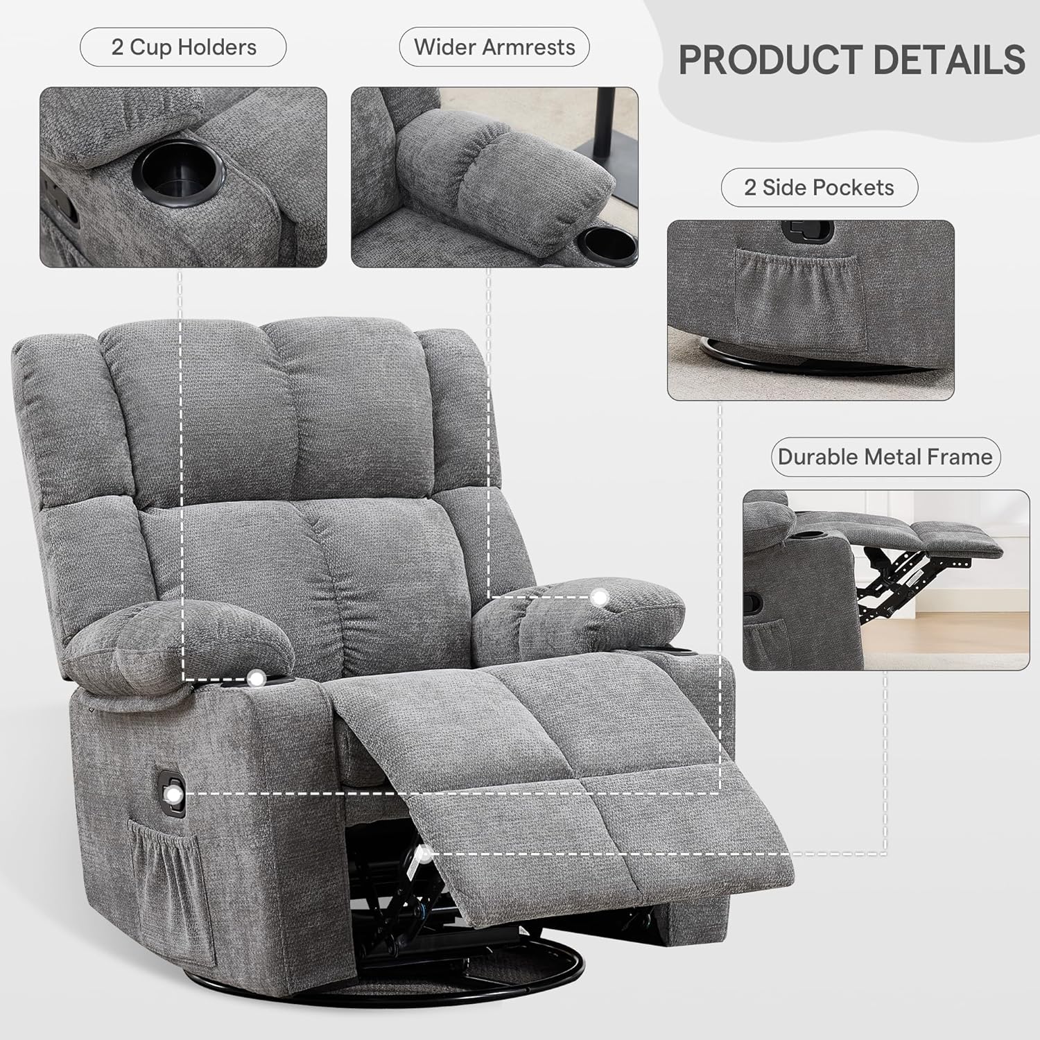 Swivel Rocker Recliner,Rocking Reclining Chair with Adjustable Headrest for Adults,Upholstered Fabric Swivel Recliner Chair for Bedroom,Living Room,Grey