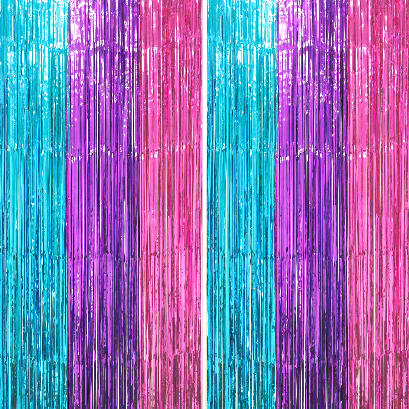 Voircoloria Blue Purple Pink Fringe Backdrop Curtains,3.3x6.6ft, 2 Pack | Tinsel Streamers, Door Shimmer, For Baby Shower, Birthday Party Decorations, Graduations