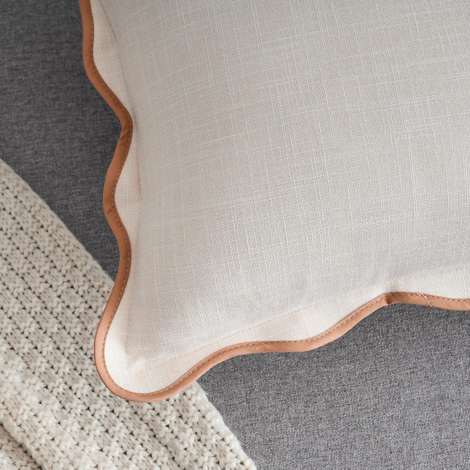Scalloped Throw Pillow Covers 12x20 Inch Set of 2, Cotton & Linen, Boho Sytle Decorative Couch Bed for Living Room (Beige Pillow & Brown Edge) - Image 2