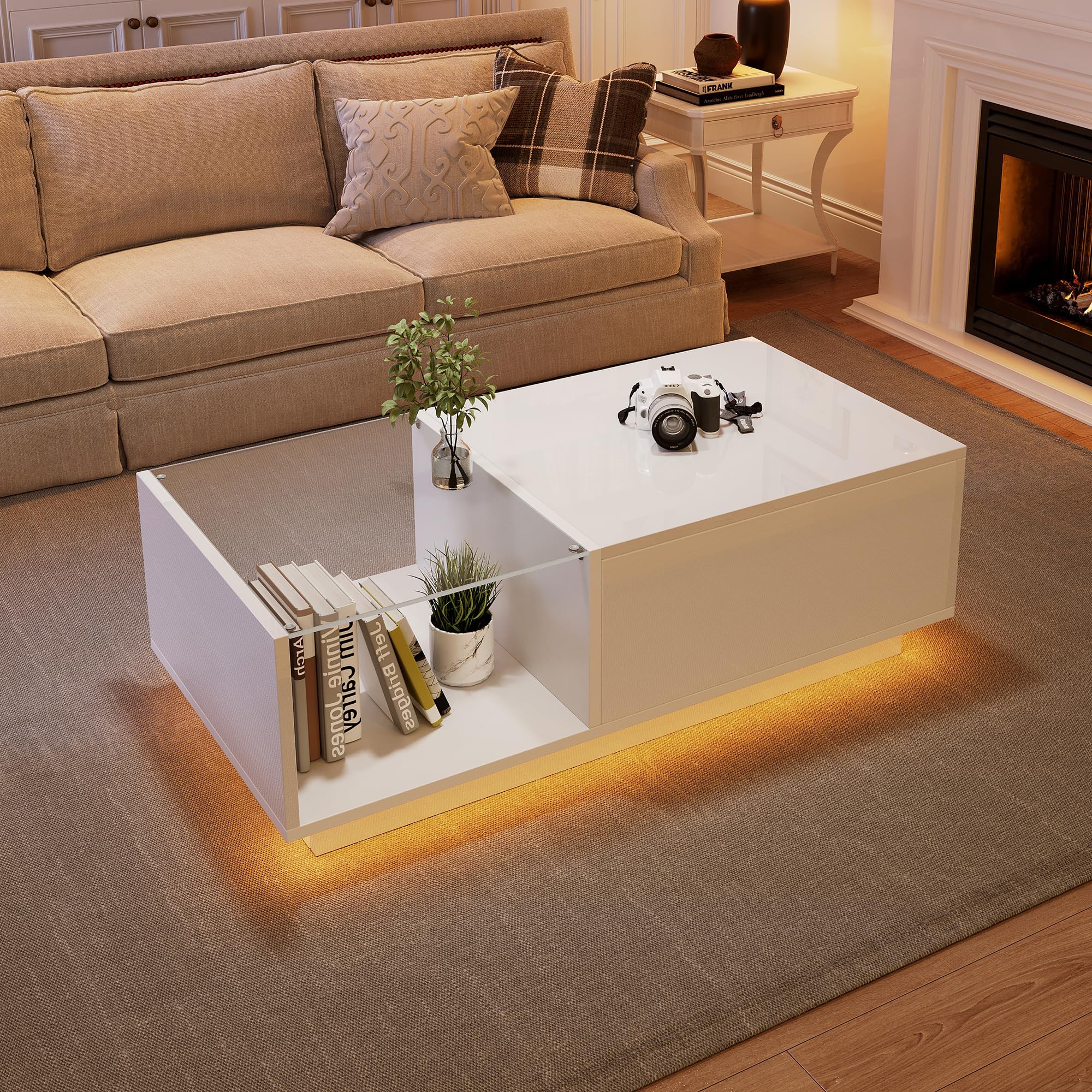 Merax Table basse de salon avec plateau réglable en hauteur, moderne table basse extensible avec LED, table de salon avec espace caché et vitrine en verre, table basse pour salon, bureau