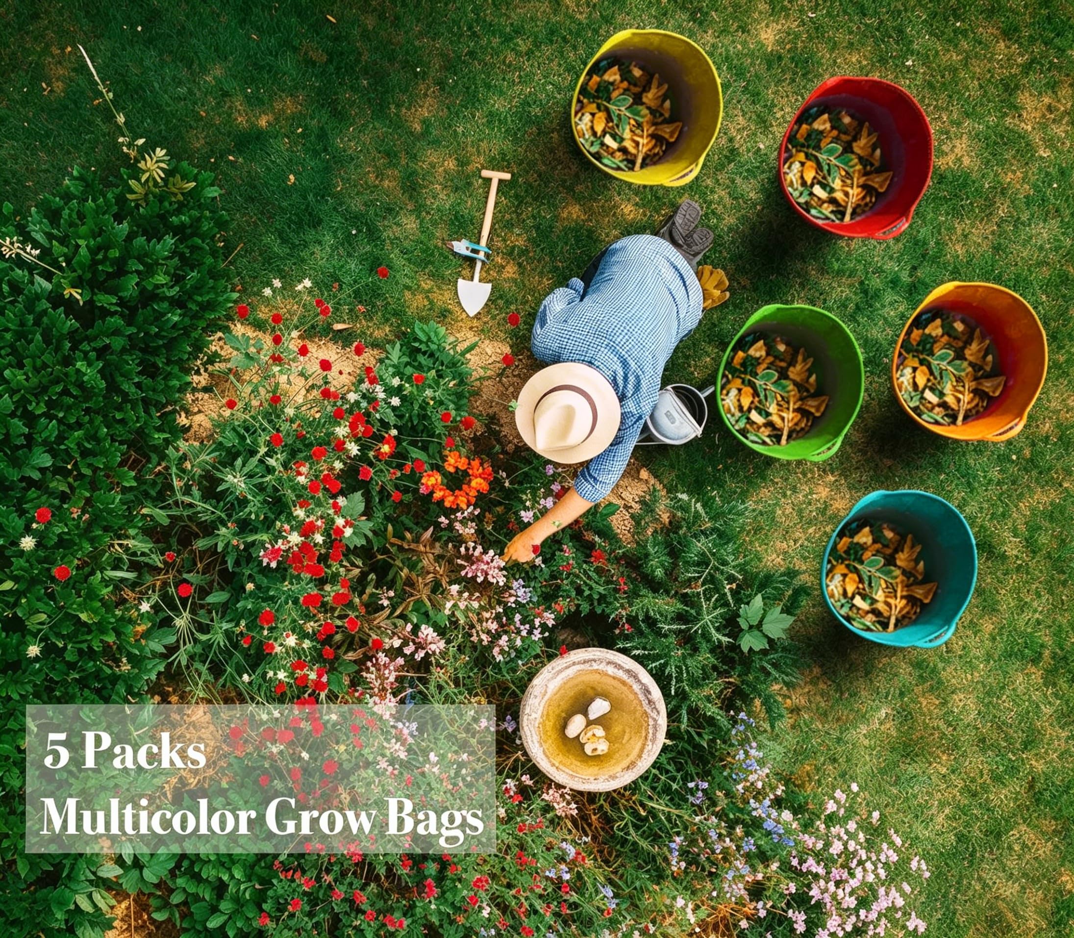 Lot de 5 sacs de culture de 50 litres en tissu coloré pour plantes, pots de fleurs en feutre, sacs de jardin, pots de tomates pour légumes, fleurs