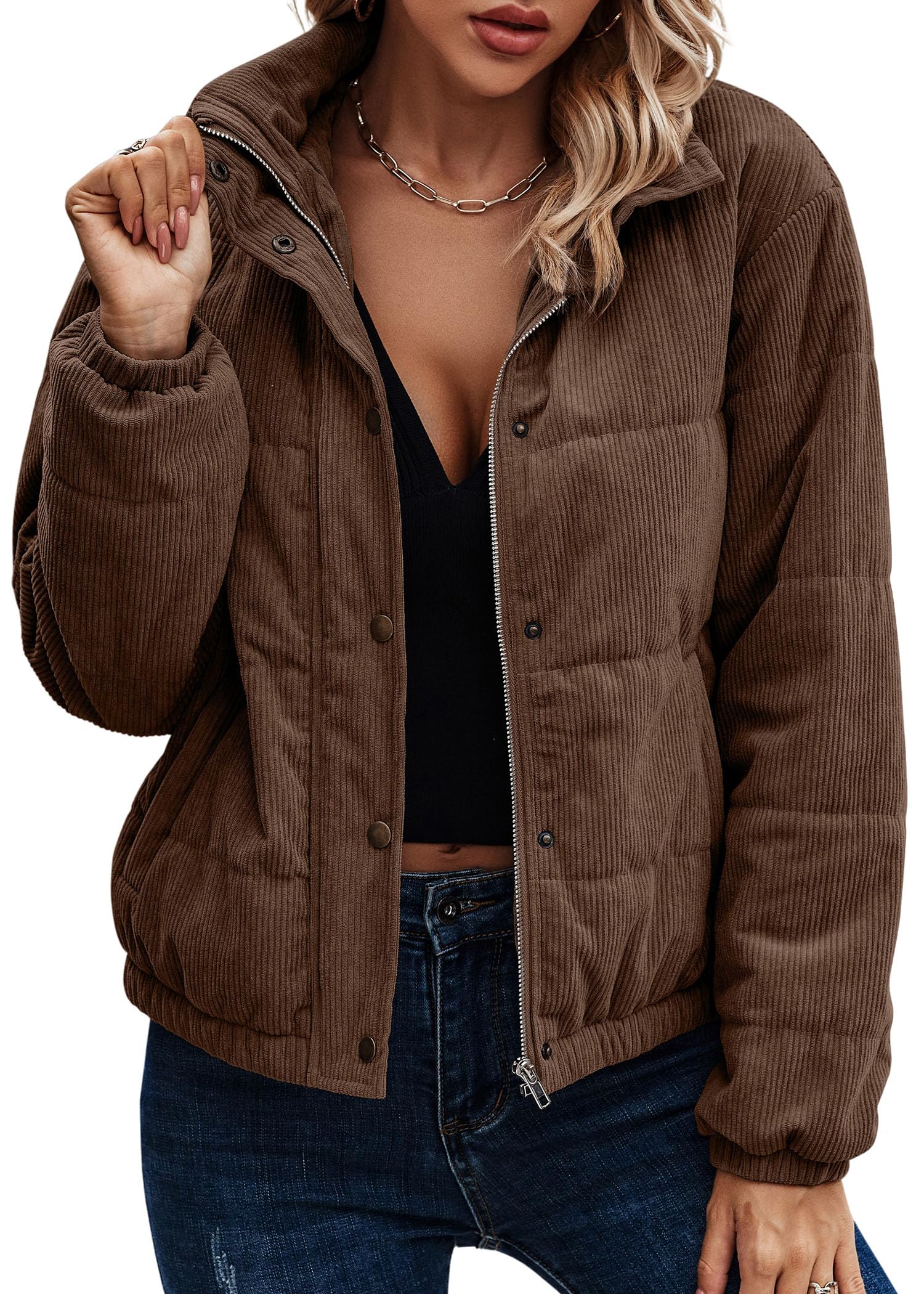 ASOMI Jacke Damen Winter Herbst Cordjacke Fleecejacke Causal Langarm Übergangsjacke Mode Mantel Reißverschluss Steppjacke Outwear mit Tasche 404 Braun 40