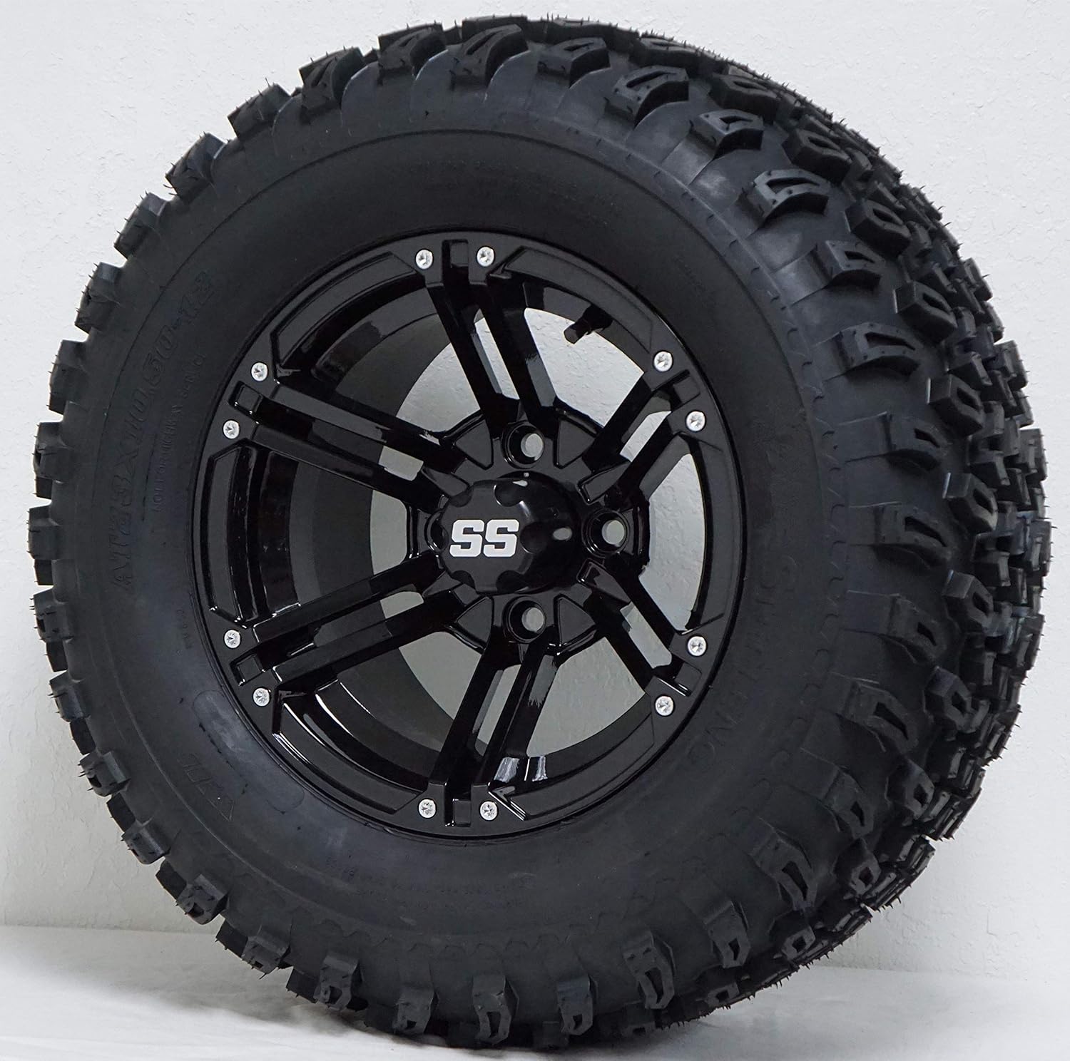 12" TERMINATOR Gloss Black Golf Cart Wheels and 23x10.5-12 All Terrain Golf Cart Tires - Set of 4