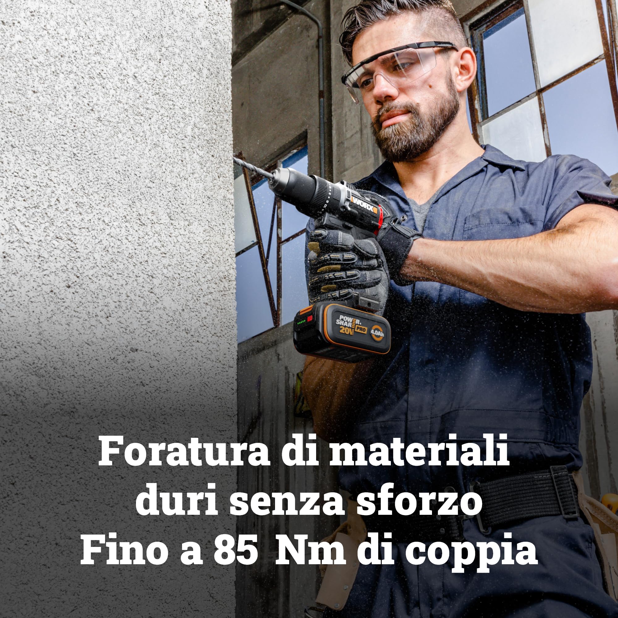 WORX WX356 - Trapano avvitatore a percussione a batteria, 20 V, 85 Nm, motore brushless, 2 marce, 0 – 2200 giri/min, 13 mm, con 2 batterie da 4,0 Ah, caricatore e impugnatura supplementare