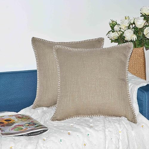 Fundas de Almohada Decorativas 18x18 Juego de 2 Fundas de Almohada Recortadas con Ribete Cosido Fundas de Cojín de Mezcla Suave Sólida de Algodón y