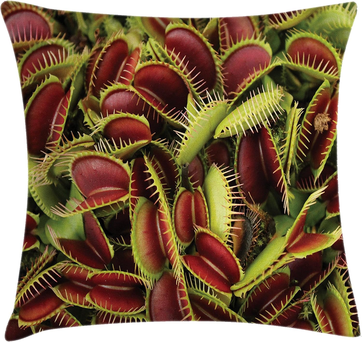 Ambesonne Horror House Throw Pillow Cushion Cover, Carnivorous Plant Frightening Botanic Foliage Danger Killer Nature Artwork, Decorative Square Accent Pillow Case, 18" X 18", Green Maroon 18" x 18" Green Maroon