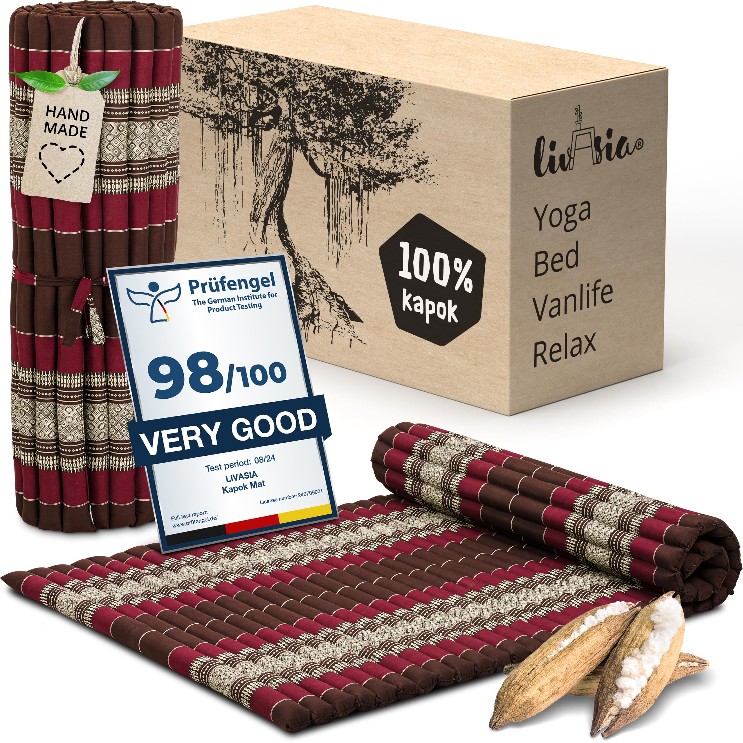 livasia roll-up mat roll-up mattress L wide comfortable - 79x43x1.8โณ - Guest bed/mattress for 1 person, Travel bed for the boot outdoors, Thai mat kapok garden balcony hand made (Wine Red)