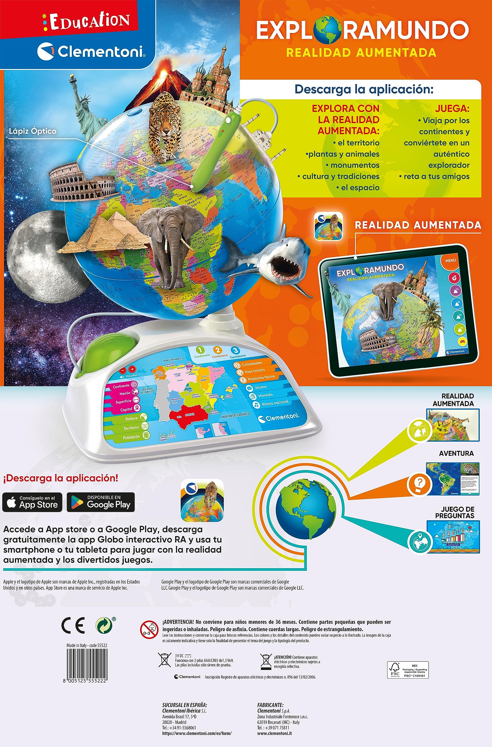 Clementoni 55522 Globo Terráqueo Interactivo, con App de Realidad Aumentata, Bola del Mundo Educativa Interactiva con App Educativa, Juguete a Partir de 7 Años, Juguete en Español