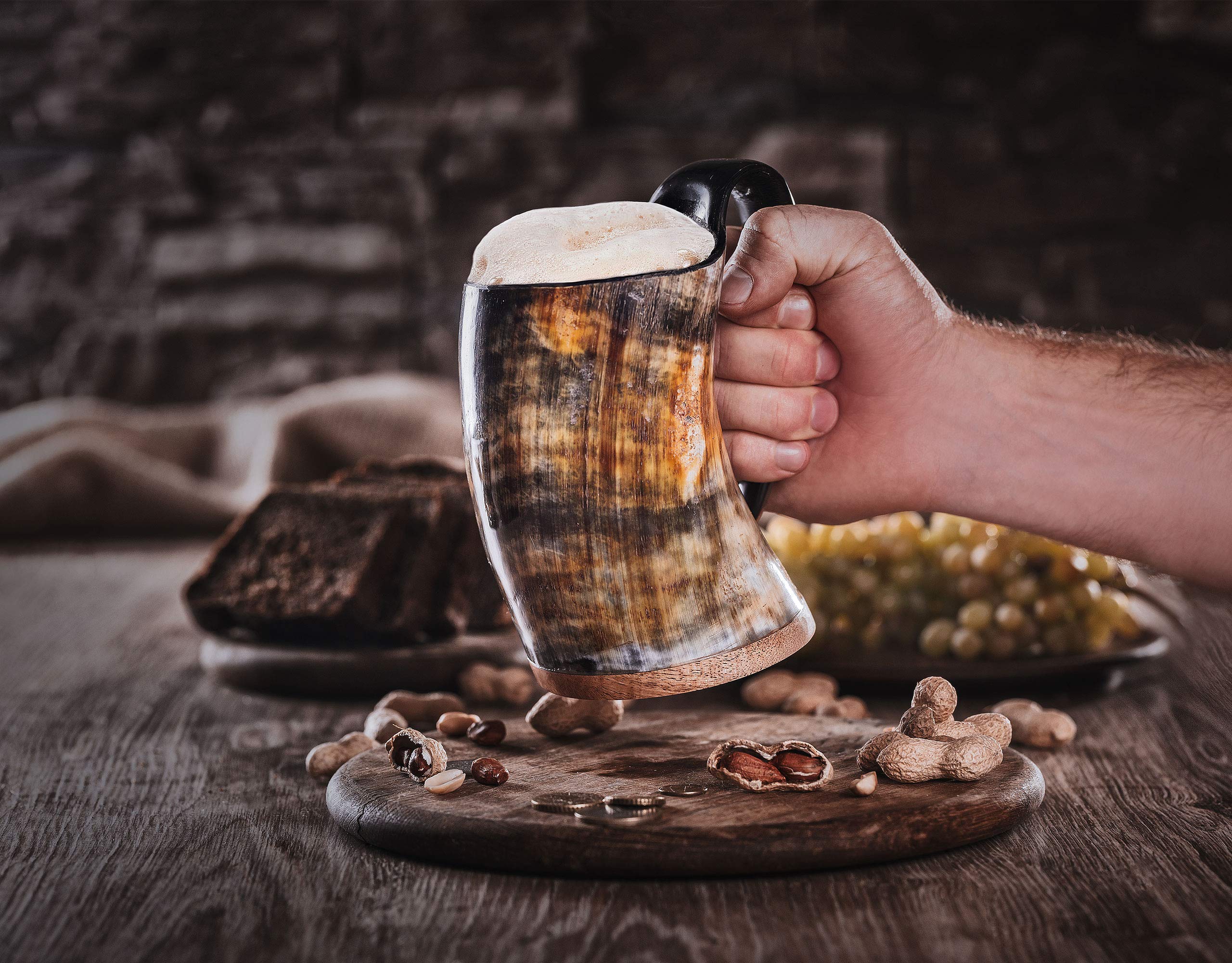 Norse Tradesman Premium Viking Drinking Horn Mug Bundle - Includes Adjustable Viking Bracelet - 500 ml Viking Beer Tankard with Super-Reinforced Hardwood Bottom | The Original, Unpolished, Large