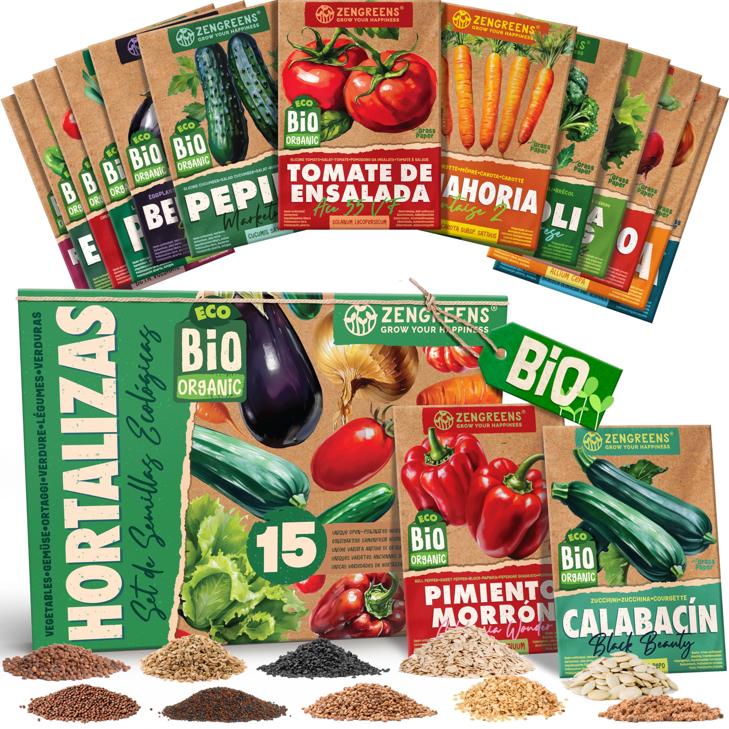 ZenGreens® - Set de semillas de verduras bio - 15 variedades para cultivar fácilmente en el jardín, balcón o parterre elevado - Sementes de verduras