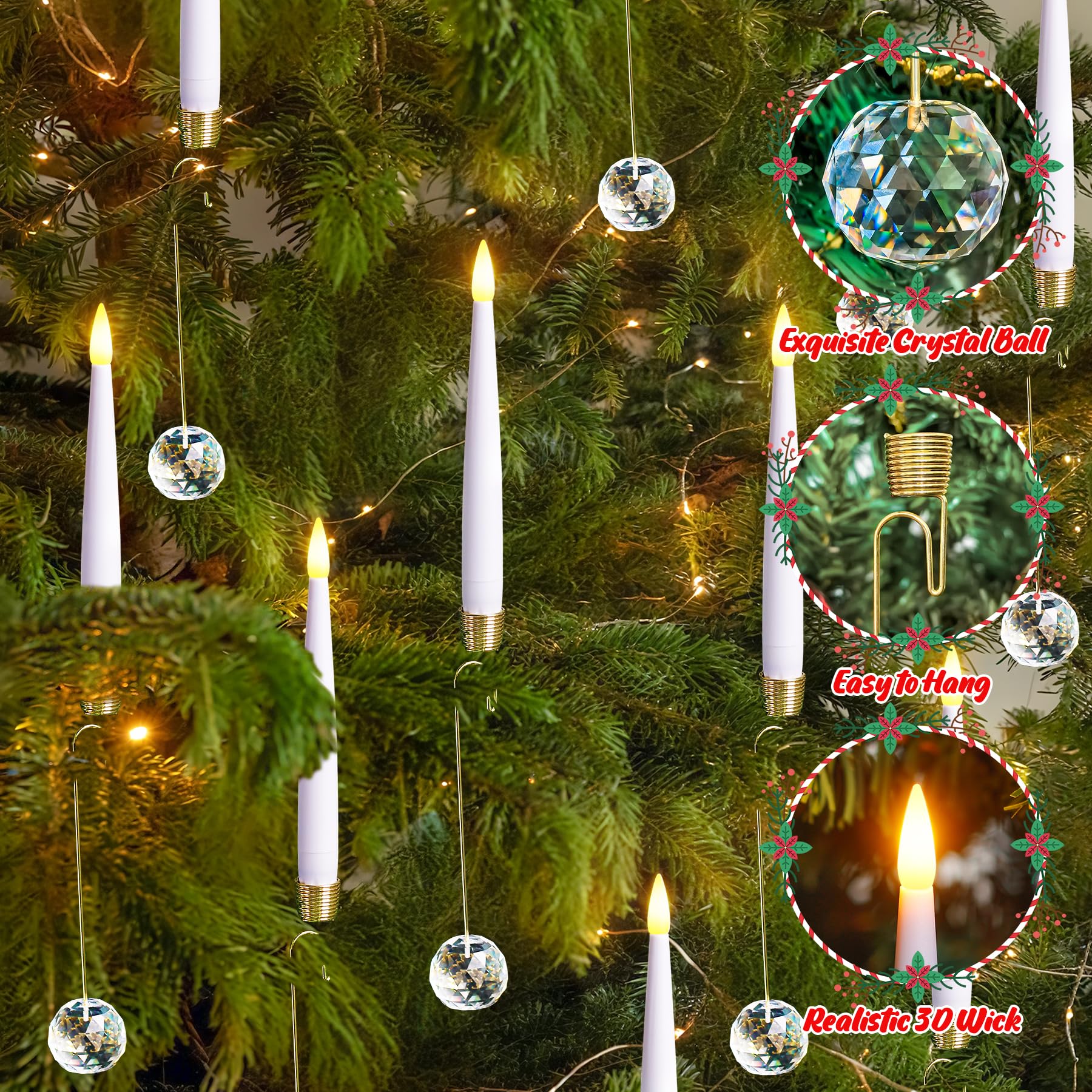 Yeelida Lot de 12 Bougies LED Télécommandées Scintillantes 1,2cm x15,5cm avec 12 Crochets Boule de Cristal, Minuterie à Pile Plastique Blanc sans Flamme pour les Fêtes de fin D'année