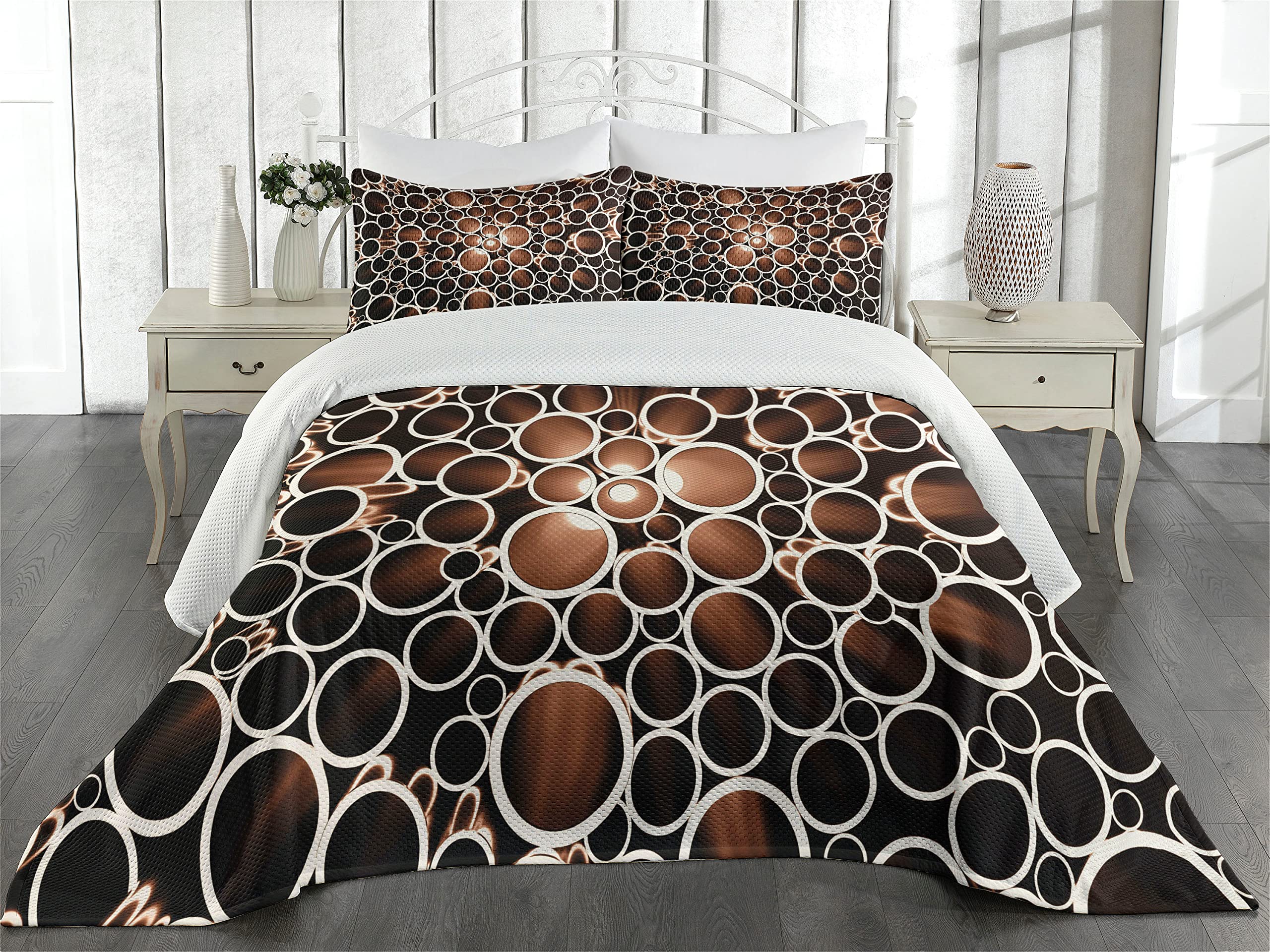 Ambesonne Industrial Coverlet, Round 3D Style Construction Theme Modern Circles Print, 3 Piece Decorative Quilted Bedspread Set with 2 Pillow Shams, King Size, Dark Brown Caramel Cream