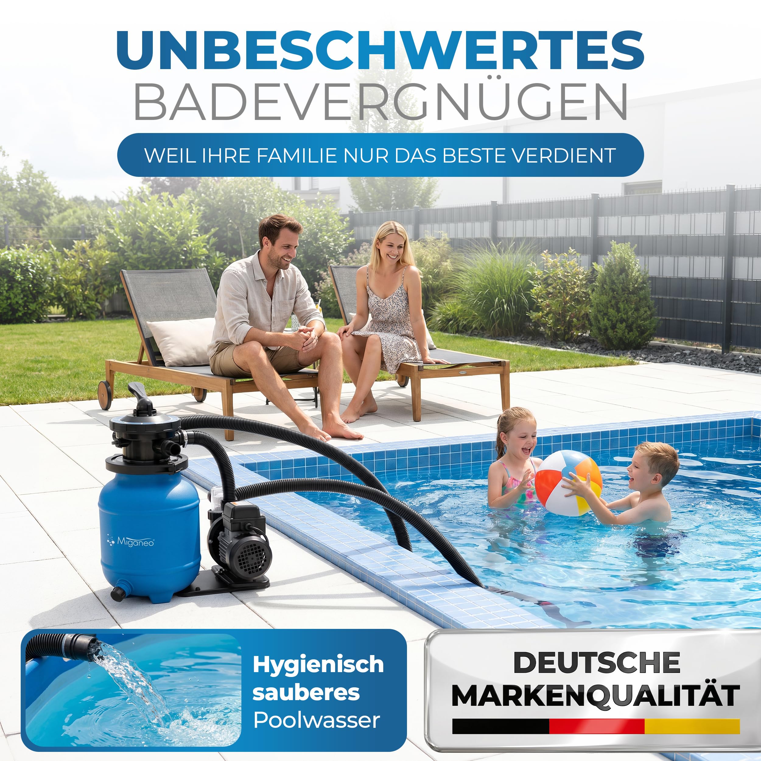 Miganeo Sandfilteranlage Speed Clean Dynamic 7000 Blau | Filteranlage für Pools bis 19.000 Liter | Poolpumpe mit 6.300 l/h Pumpenleistung und 4.500 l/h Filterleistung | stromsparende 250 Watt
