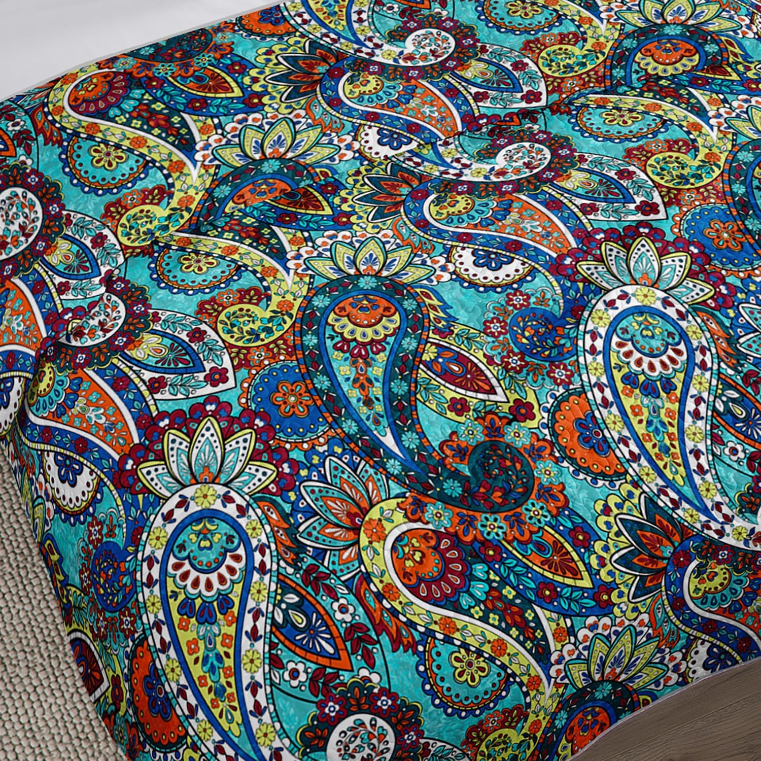 Boho Style Queen Quilt Set,Bohemian Floral Quilt Beddding Set for Adults,Soft and Lightweight Bed Set for All Season,Colorful Quilted Beddding with 2 Pillowcases. - Image 4