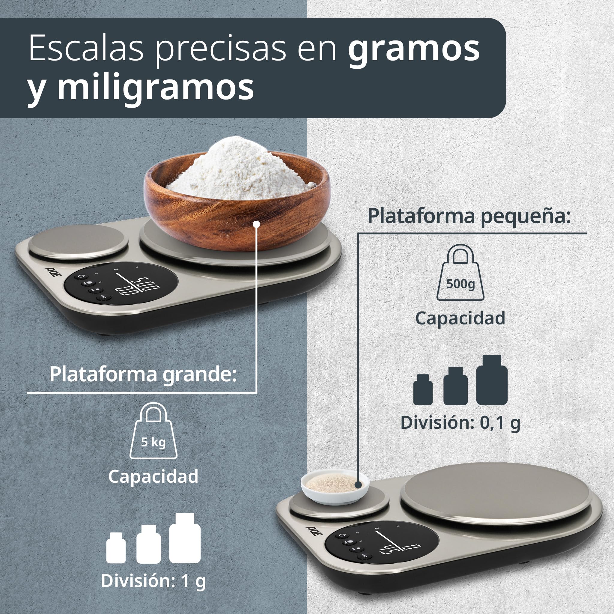 ADE Bascula de cocina digital con 2 plataformas 5kg/1g & 500g/0,1g | balanza de precisión exacta hasta 0,1g | balanza fina para la cocina | perfecta como balanza de café o para pan | 5 kg de capacidad