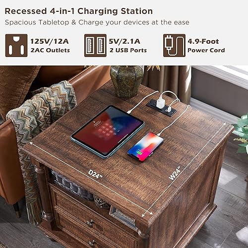 Miniatura 3 de T4TREAM Mesa auxiliar de granja de 24 pulgadas con 4 pies de madera maciza, mesa auxiliar grande con 2 cajones de ancho para sofá con estación de