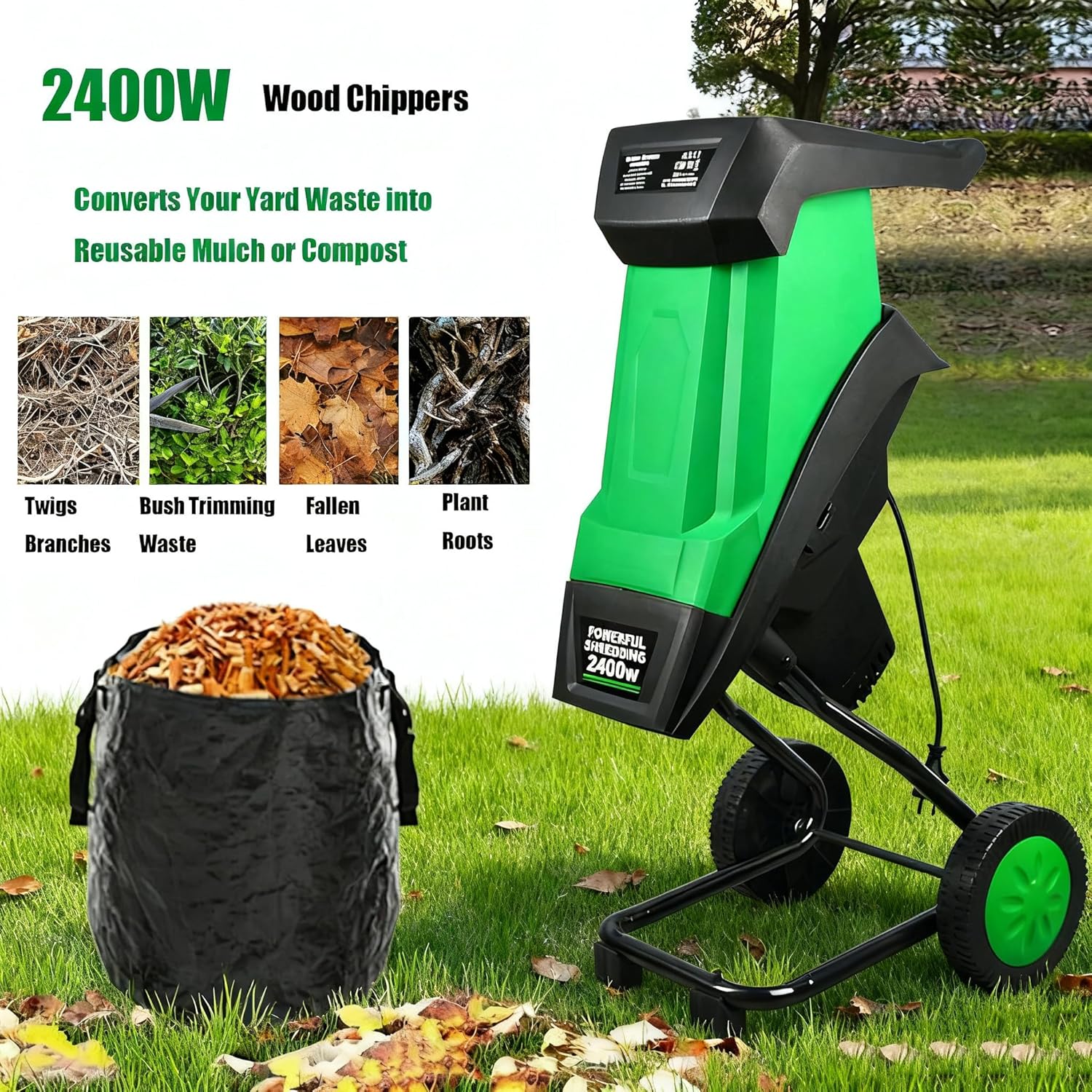 Electric Garden Shredder, 2400W Branch Chipper Mulcher, 4500rpm Wood Crusher with Wheels, 50L Collection Bag,Double-Edged Blade Manganese Steel (with 30M Power Cord)
