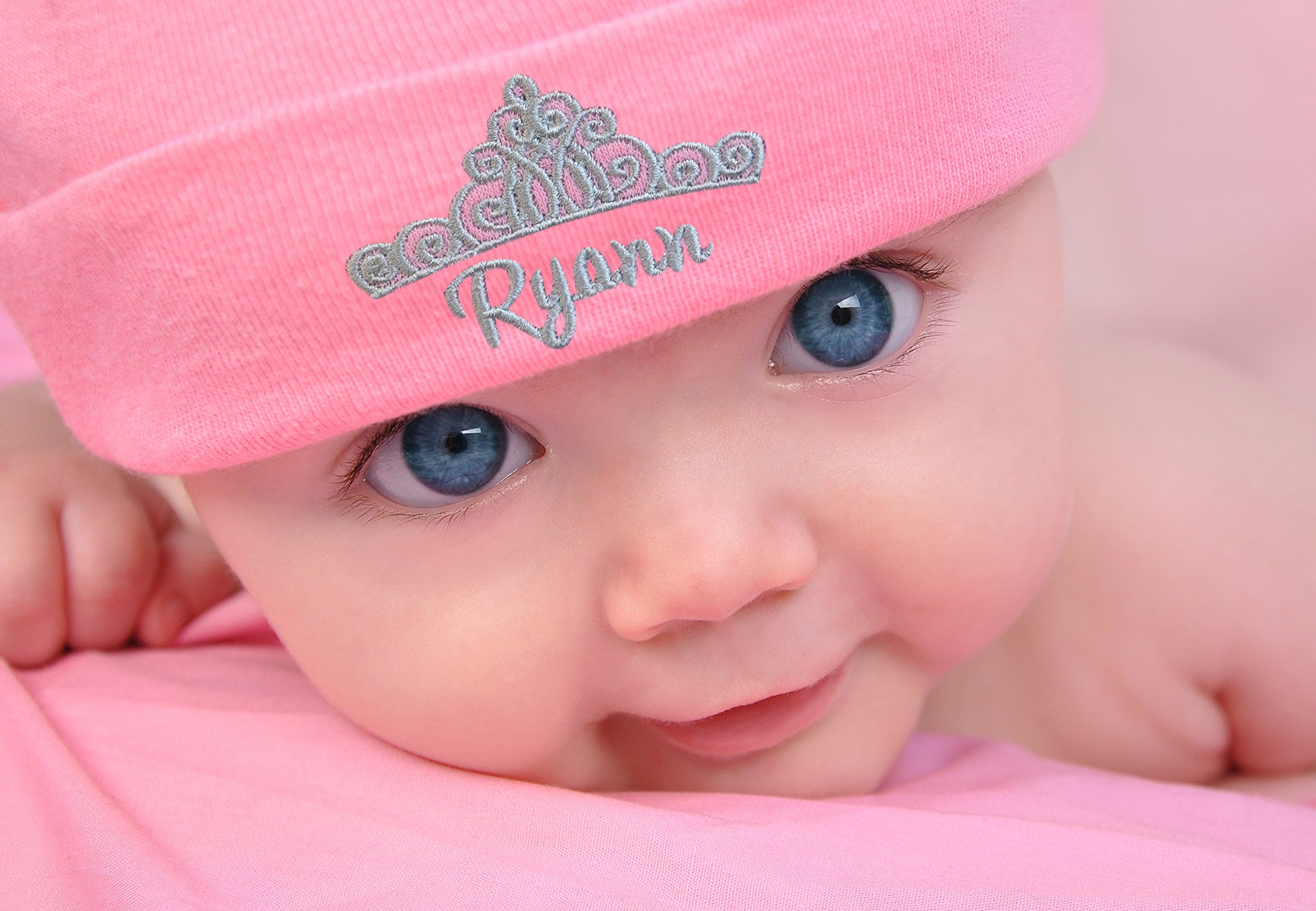 Newborn Personalized Embroidered Baby Girl Hat with Princess Crown with Custom Name (White HAT/Pink Thread)
