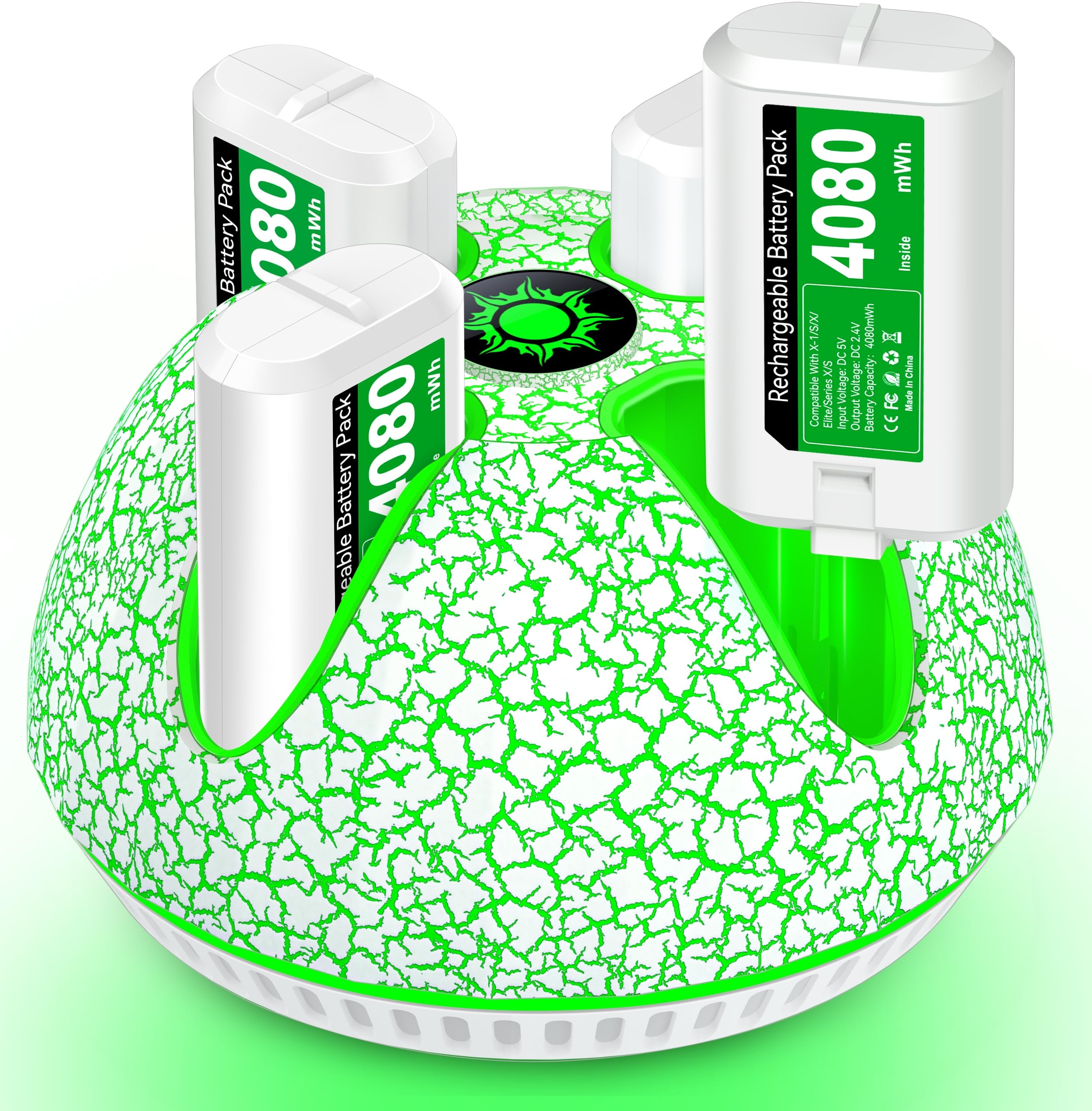 DINOSTRIKE Rechargeable Battery Pack for Xbox Controller,Xbox Controller Charger Station with 4X4080mWh Batteries for Xbox Series X|S,Xbox One S/X/Elite Remote-White Crack