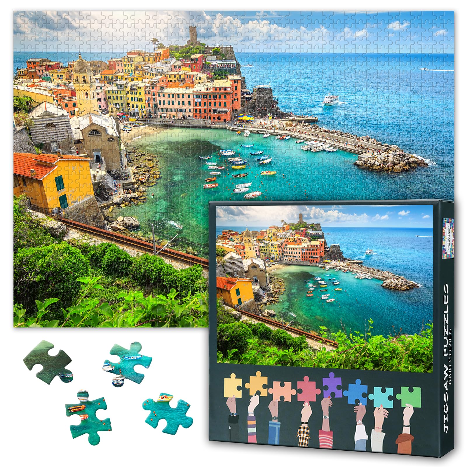 1000 Piece Puzzle for Adults - Cinque Terre Sunrise Jigsaw Puzzles, Manarola Village & Coastal Landscape Artwork Adult Puzzles 1000 Pieces, Premium Travel-Themed Board - 27.5x19.7 inches