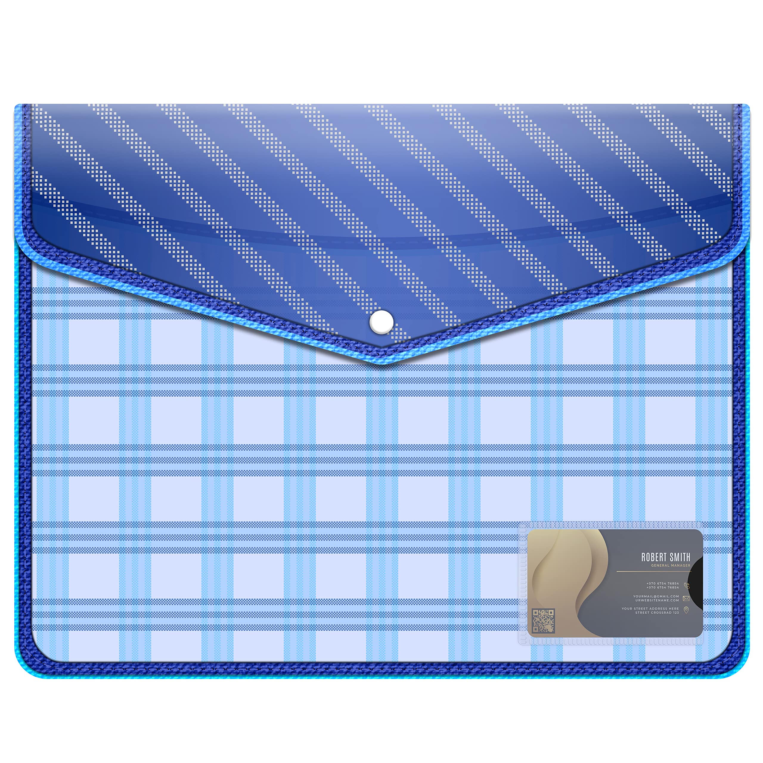 FEDUS Cartella portadocumenti, con stampa stilista, con bottone a pressione, in plastica trasparente, per documenti, certificati, cartelle portadocumenti, colore blu